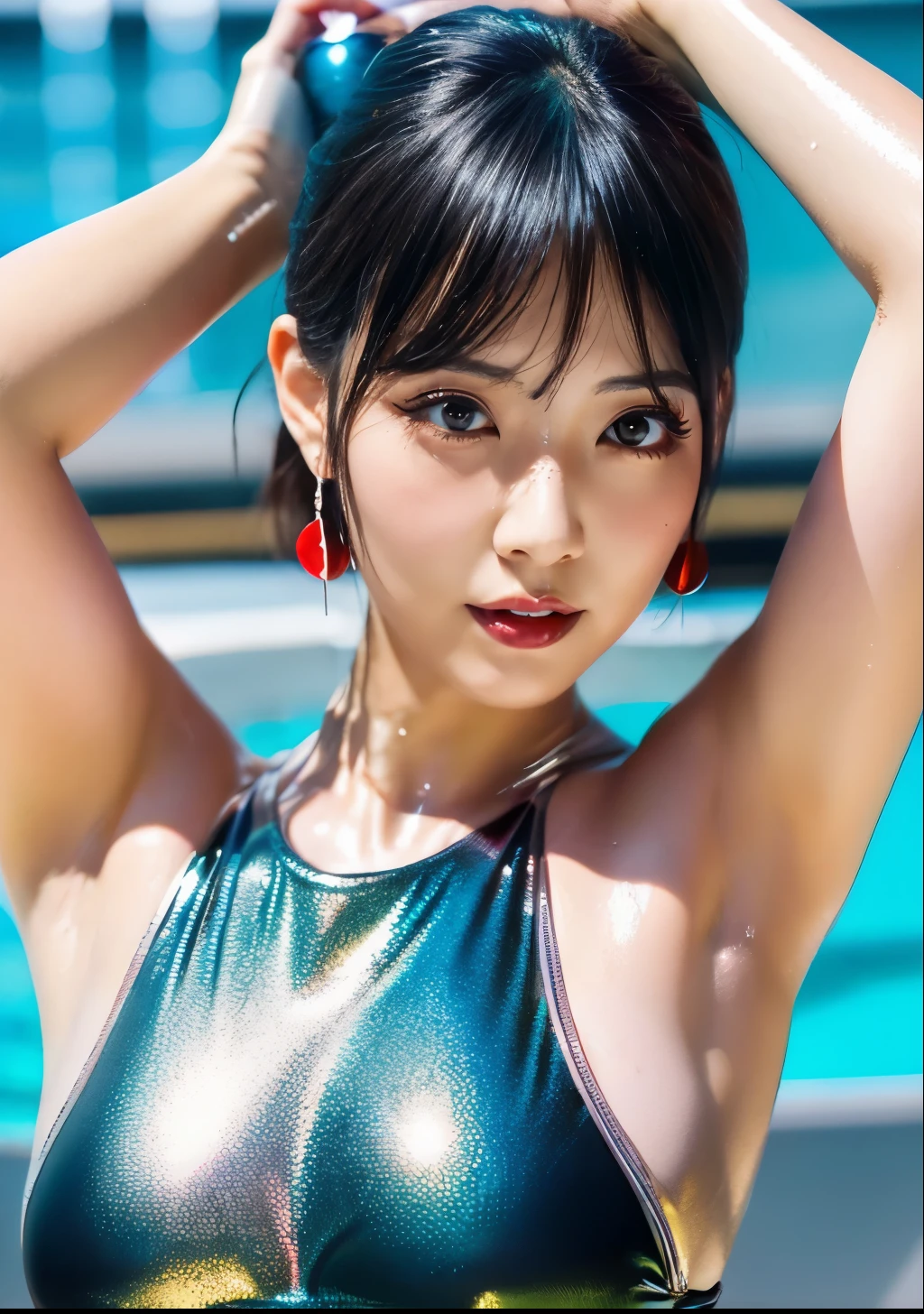 ((Japanese sexy idol)) 35 years old (Blonde short hair with bangs) ((Smokey makeup dark makeup with black eyeshadow)) plump cheeks ((Bright red rouge plump lips)) big breasts Big eyes cyberpunk pool ((Super shiny silver metallic swimsuit)) fat body masterpiece 8K Drawn from below ((A mature woman with a body that shines with lotion and sweat)) ((Glowing, radiant face and skin)) ((Glittering armpits)) Shiny face Dirty makeup Plump