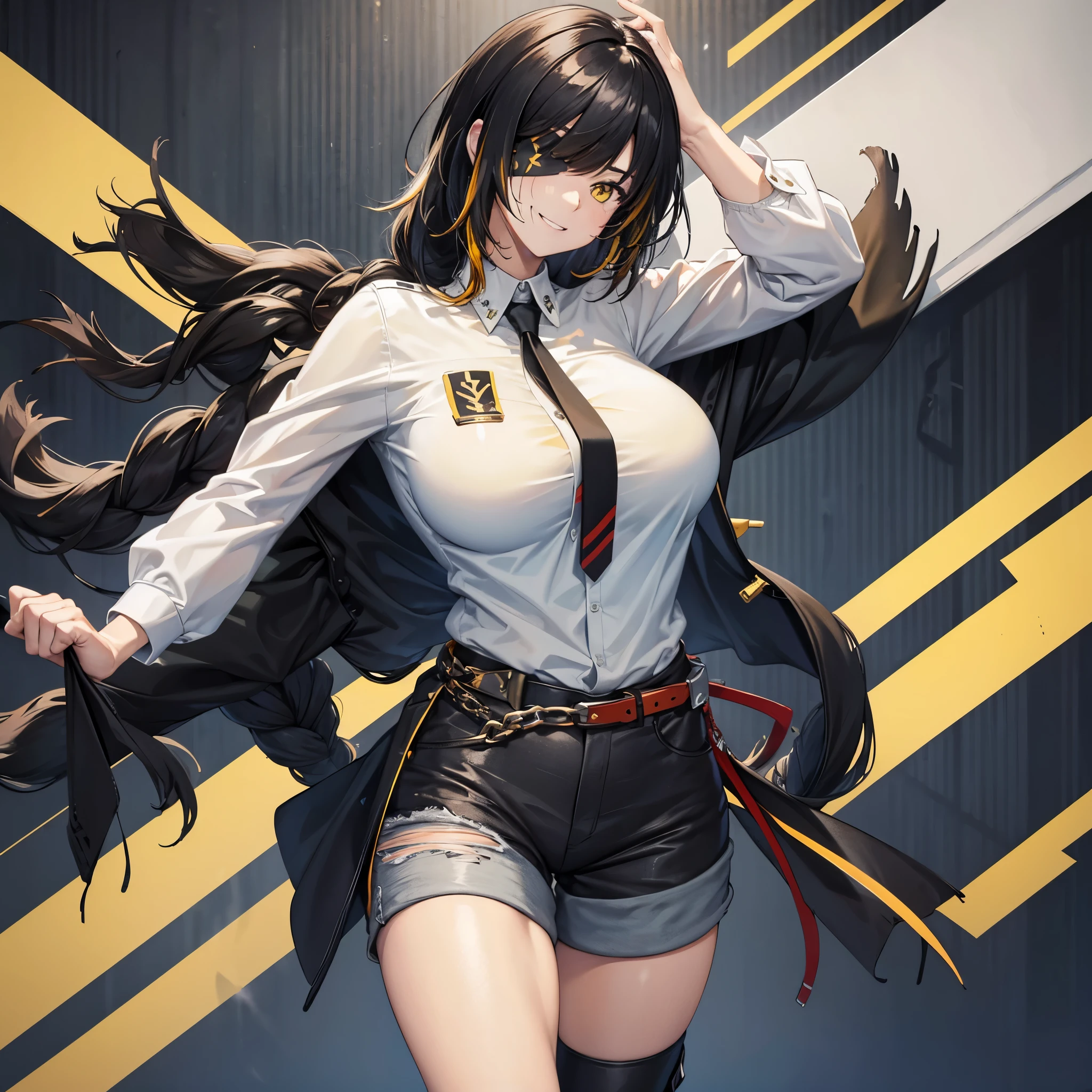 A woman wearing a personalized white shirt, black jeans with ripped parts, military shoes, smiling, black hair with yellow bangs, yellow eyes, large breasts, inside a bar, very detailed, high quality. 4k hd
