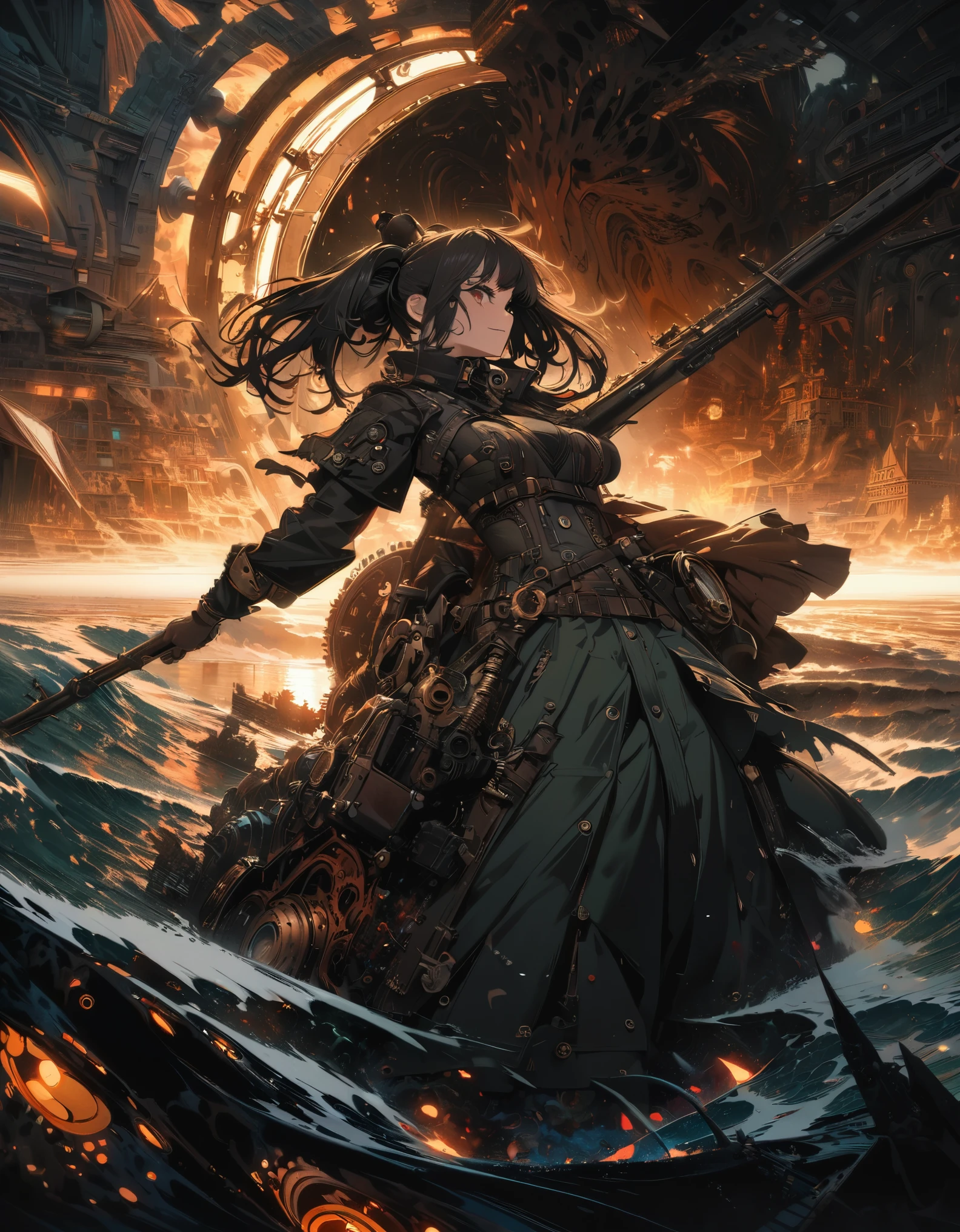 best quality, super fine, 16k, incredibly absurdres, extremely detailed, beautiful girl warrior fighting, background cross section of the Mariana Trench, atlantis, huge amount of gear, sunlight shining through the deep, pitch black ocean, fantastic and mysterious, steampunk, dieselpunk, clockpunk, cyberpunk, blend art, mixture art, fractal art, design art