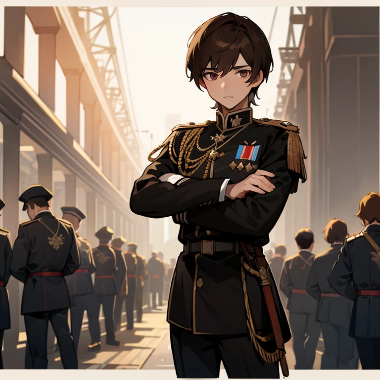 Boy brown hair wear black uniform of landwehr regiment of silesia in front of club night