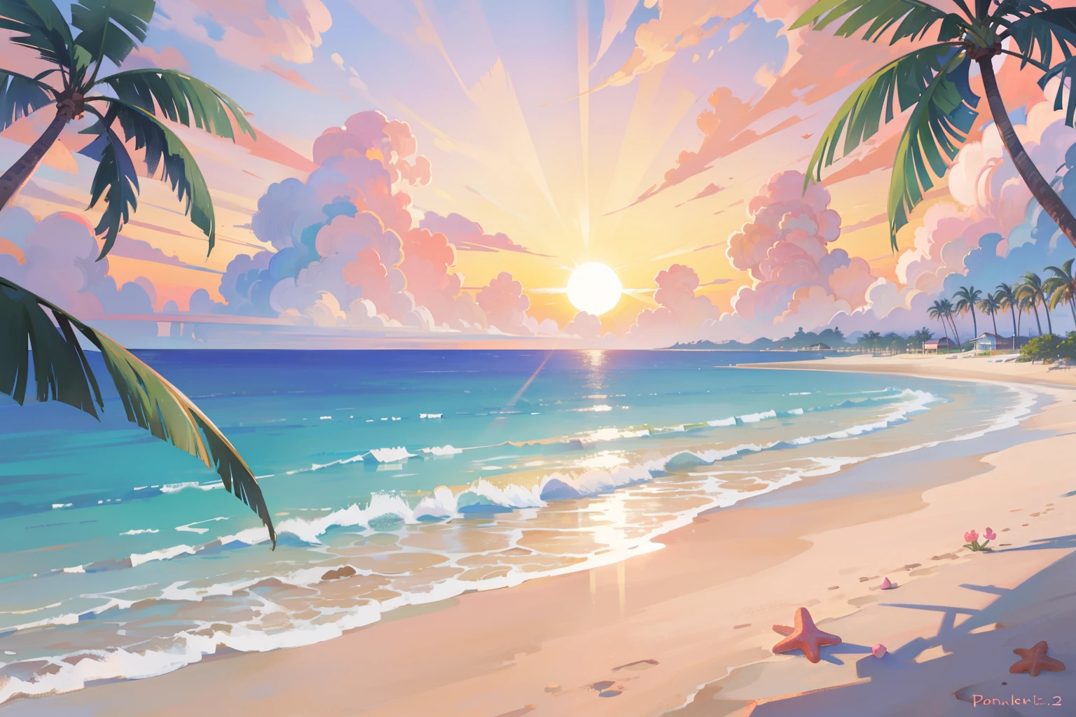 (masterpiece), highest quality, ultra high resolution, beautiful scenery, detailed scenery, (Warm pastel colors), beach, colorful beach, Pink sand, Palm tree, Ocean, sunset