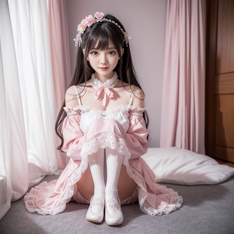 best quality, masterpiece, lifelike, 1 girl, alone, eternal, black hair, Long curly hair, blunt bangs, Smile, pink skirt, pink lolita dress, layered skirt, Lolita style long skirt,分層連衣裙 lace-trimmed 裙子, decorate, lace, long sleeve, puff sleeves, wide sleeves, Transparent sleeves, hair accessories, 在flower园里, flower, Detailed background,  delicate face，pink blush，White knee-length socks, Pink shoes，cold，Lots of lace，((​masterpiece))、(top quality)、8K、high detail、super detailed、 21 years old female，穿着pink lolita dress((dreamy atmosphere:1.1))、Seductive and whimsical style、​masterpiece、born、Scenes resembling fairy tale illustrations、Intricate details showcase the ruffles and intricate designs of the Lolita dress、magic、capricious、 beautifully、Dream aesthetics、「𝓡𝓸𝓶𝓪𝓷𝓽𝓲𝓬、ethereal、charming、fickle、magic」、realism、Visual effect、FXAA、SSAO、shader、voiceless、ambient lighting、Tone mapping、High resolution、ultra high definition、megapixel、(8K resolution:1.10)、8K、8K resolution、high detail、intricate details、 (high quality:1.2、​masterpiece:1.2、:1.21)、(21 years old female:1.21)、(興奮地Smile)、(Surrounded by the dreamy atmosphere of an amusement par色洛丽塔连衣裙、Her eyes were full of surprise and joy、I took a lot of geek photos、High heel、Model diagram，full-body shot，Knee-high 白色的 lace socks,Sweet Lolita，Normal 2 feet，Pink shoes，Baotou shoes，full-body shot，Don't show your fingers，Emphasize the volume of the skirt，exposed，huge breasts，White panties,The skirt flew up，spread your legs，low cut，Expose panties，Puffy Skirt，hair accessories，big skirt dress