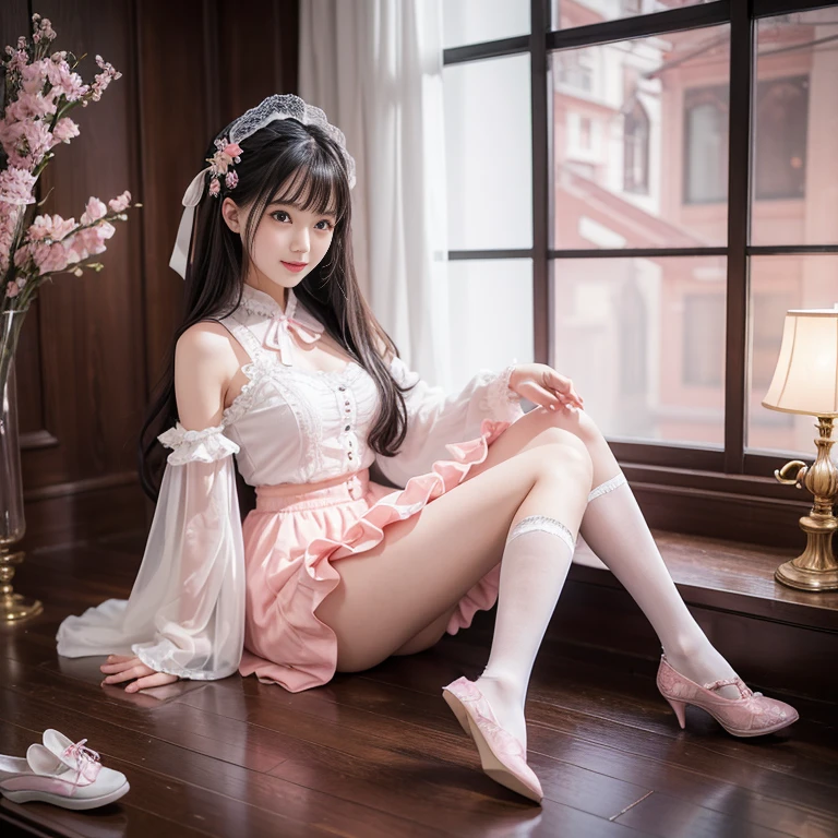 best quality, masterpiece, lifelike, 1 girl, alone, eternal, black hair, Long curly hair, blunt bangs, Smile, pink skirt, pink ta dress, layered skirt, Lolityle long skirt,分層連衣裙 lace-trimmed 裙子, decorate, lace, long sleeve, puff sleeves, wide sleeves, Transparent sleeves, hair accessories, 在flower园里, flower, Detailed background, delicate face,pink blush,White knee-length socks, Pink shoes,cold,Lots of lace,((masterpiece))、(top quality)、8K、high detail、super detailed、 21 years old female,穿着pink lolita d((dreamy atmosphere:1.1))、Seductive and whimsical style、masterpiece、born、Scenes resembling fairy tale illustrations、Intricate details showcase the ruffles and intricate designs of the Lolita dressic、capricious、 beautifully、Dream aesthetics、「𝓡𝓸𝓶𝓪𝓷𝓽𝓲𝓬、ethereal、charming、fickle、magic」、realism、Visual effect、FXAA、SSAO、shader、voiceless、ambient lighting、Tone mapping、High resolution、ultra high definition、megapixel、(8K resolution:1.10)、8K、8K resolution、high detail、intricate details、 (high quality:1.2、masterpiece:1.2、:1.21)、(21 years old female:1.21)、(興奮地Smile)、(Surrounded by the dreamy atmosphere of an amusement par色洛丽塔连衣裙、Her eyes were full of surprise and joy、I took a lot of geek photos、High heel、Model diagram,full-body shot,Knee-high 白色的 lace socks,Sweet Lolita,Normal 2 ,Pink shoes,Baotou shoes,full-body shot,Don't show your fingers,Emphasize the volume of the skirt,exposed,huge breasts,White panties,The skirt flew up,spread your legs,low cut,Expose panties,Puffy Skirt,hair accessories,big skirt dress
