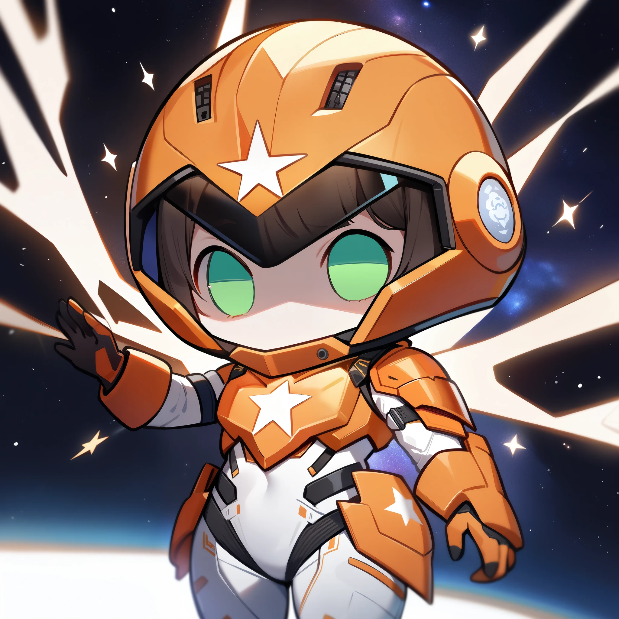 1girl,solo,Sala,original,full face helmet,face visible through helmet ,green eyes,no hair,no face,white body suit,orange heavy armor,cowboy shot,in space,touch star,chibi style,Science fiction,ultra-detailed,sharp focus,aesthetic,(best quality)