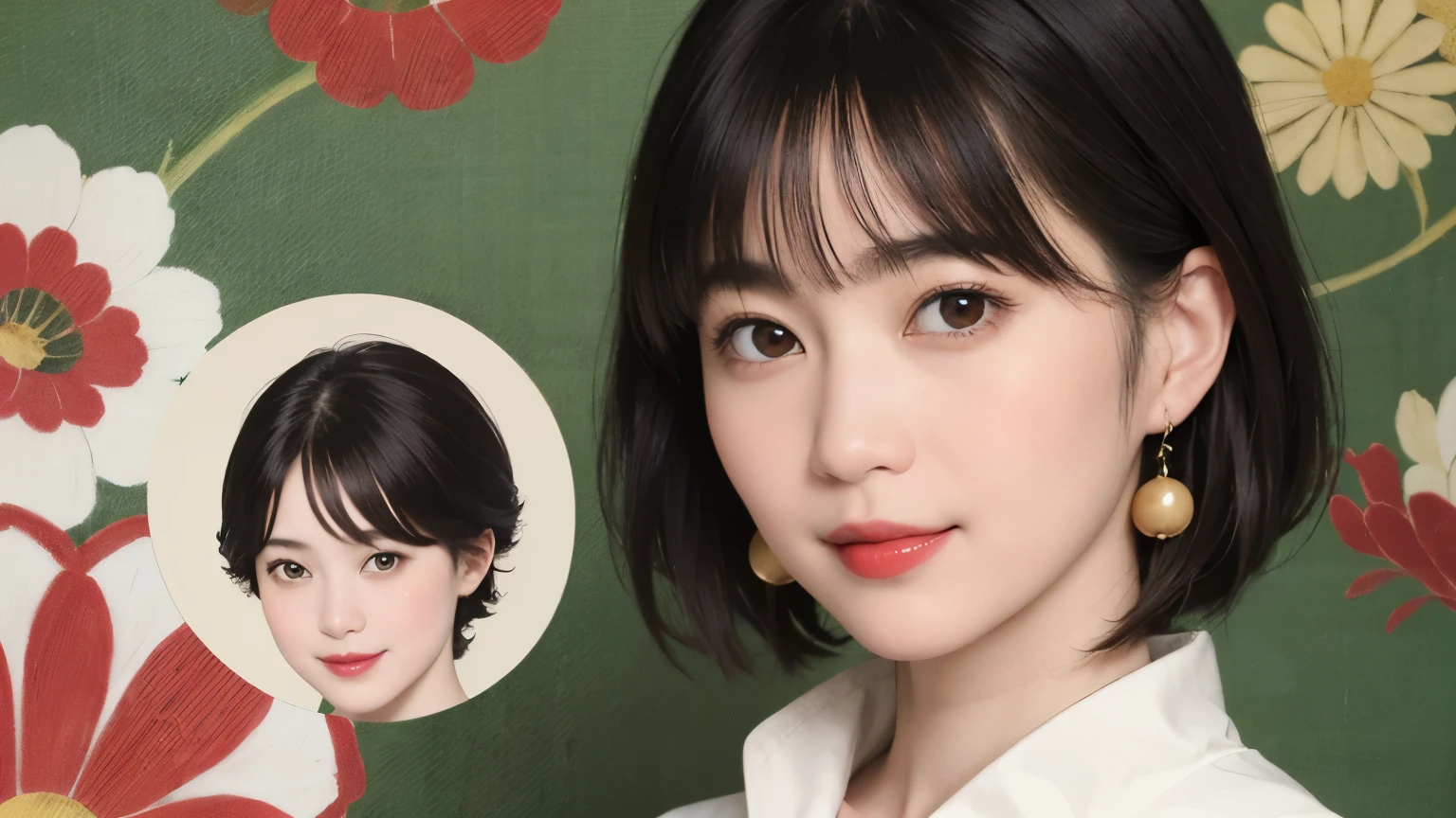 197 (snapdd00-Fp16), Japanese painting, woman, gentle smile, lipstick, short hair, Paintings by Shoen Uemura