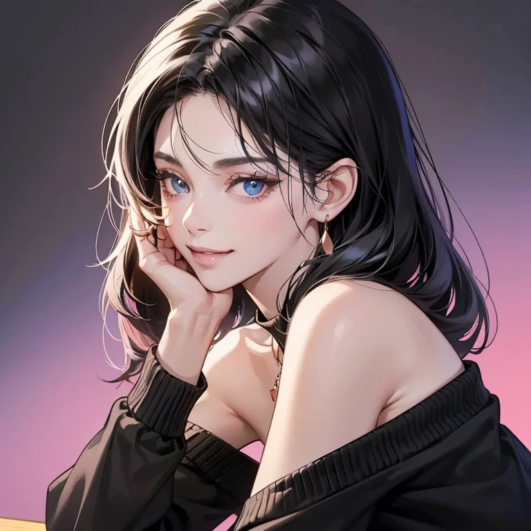 (table top, digital art, digital illustration, 4k, 8K, Super detailed, beautiful images, clear image, realistic, Raw photo, perfect face, perfect lines, perfect eyes, soft lighting) ,1 female, (long black hair,bullish look,Beautiful woman,closed mouth,grin,mature,thin,23 year old female,:1.3),wearing an off-shoulder black sweater, She looks back at the viewer.、The earrings and necklace are in rose gold、black and blue gradient background