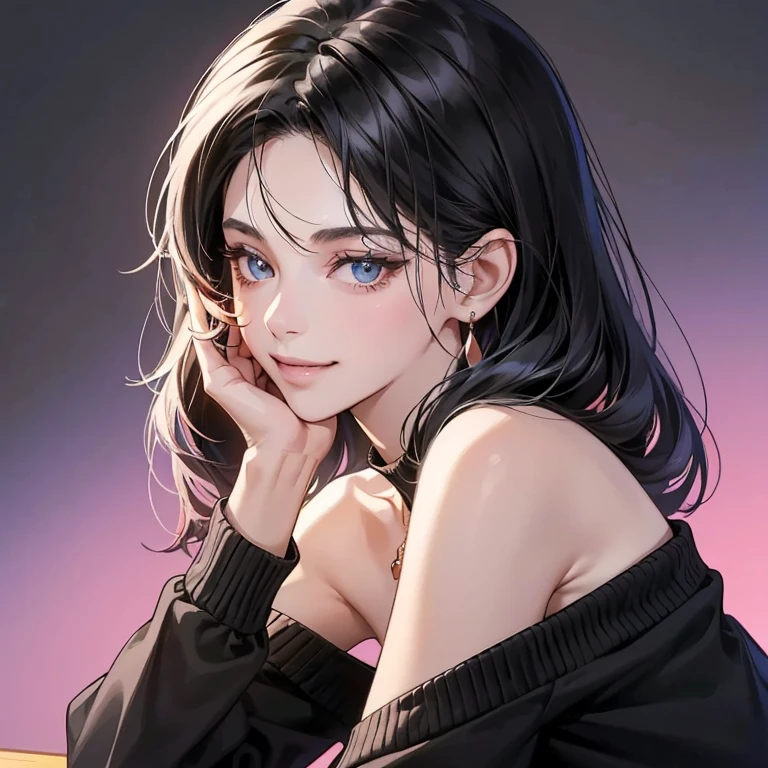 (table top, digital art, digital illustration, 4k, 8K, Super detailed, beautiful images, clear image, realistic, Raw photo, perfect face, perfect lines, perfect eyes, soft lighting) ,1 female, (long black hair,bullish look,Beautiful woman,closed mouth,grin,mature,thin,23 year old female,:1.3),wearing an off-shoulder black sweater, She looks back at the viewer.、The earrings and necklace are in rose gold、black and blue gradient background