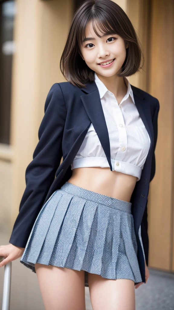 (((masterpiece))), (one beautiful japanese girl, classmate, innocence,cute) ,超A high resolution, realistic, Super detailed, 8K,highest quality, very detailed, detailed background,thin,very beautiful japanese girl, detailed face:1.3), (brown hair), (short bob hair), (,cute系,adorable perfect body:1.1), (brown blazer, light brown pleated mini skirt), provocative smile,show me your beautiful teeth,超detailed face、lip details、detailed eye、small gravure idol,transparent skin、,A Japanese high school with a school emblem on its chest、sexy pose,Please pay attention to your butt,Please think back,((the skirt is rolled up))、((Low-rise high-leg panties with a blue and white striped pattern are visible.))