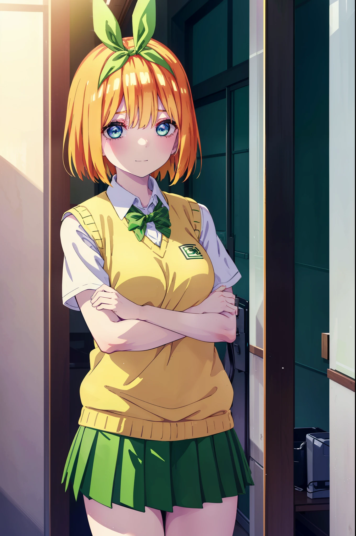 yotsubanakano, yotsuba nakano, bangs, short hair, blue eyes, hair between eyes, hair ribbon, hair band, orange hair, (green ribbon:1.5), smile,tears run down her face,Crying with joy,blush,smile,
Mikan Yuki skirt, shirt, bow, ribbon, , white shirt, short sleeve, pleated skirt, shoes, shoes下, collared shirt, mini skirt, bowtie, black footwear, knee high, green skirt, black shoes下, loafers, green bow, sweater vest, green ribbon, (yellow sweater vest:1.5),window building street,evening,sunset,
break indoors, classroom,
break looking at viewer, (cowboy shot:1.5),
break (masterpiece:1.2), highest quality, High resolution, unity 8k wallpaper, (figure:0.8), (detailed and beautiful eyes:1.6), highly detailed face, perfect lighting, Very detailed CG, (perfect hands, perfect anatomy),