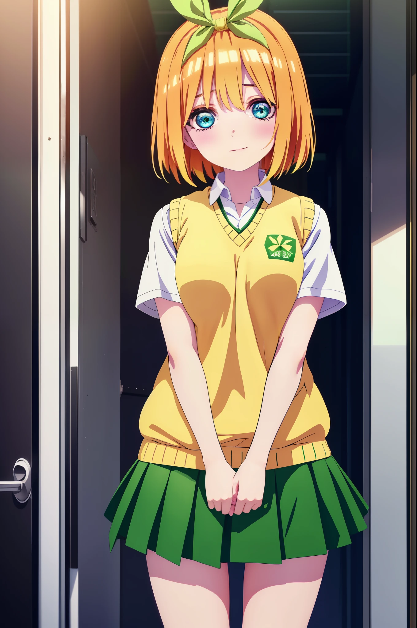 yotsubanakano, yotsuba nakano, bangs, short hair, blue eyes, hair between eyes, hair ribbon, hair band, orange hair, (green ribbon:1.5), smile,tears run down her face,Crying with joy,blush,smile, 
Mikan Yuki skirt, shirt, bow, ribbon, , white shirt, short sleeve, pleated skirt, shoes, shoes下, collared shirt, mini skirt, bowtie, black footwear, knee high, green skirt, black shoes下, loafers, green bow, sweater vest, green ribbon, (yellow sweater vest:1.5),window　building street,evening,sunset,
break indoors, classroom,
break looking at viewer, (cowboy shot:1.5),
break (masterpiece:1.2), highest quality, High resolution, unity 8k wallpaper, (figure:0.8), (detailed and beautiful eyes:1.6), highly detailed face, perfect lighting, Very detailed CG, (perfect hands, perfect anatomy),