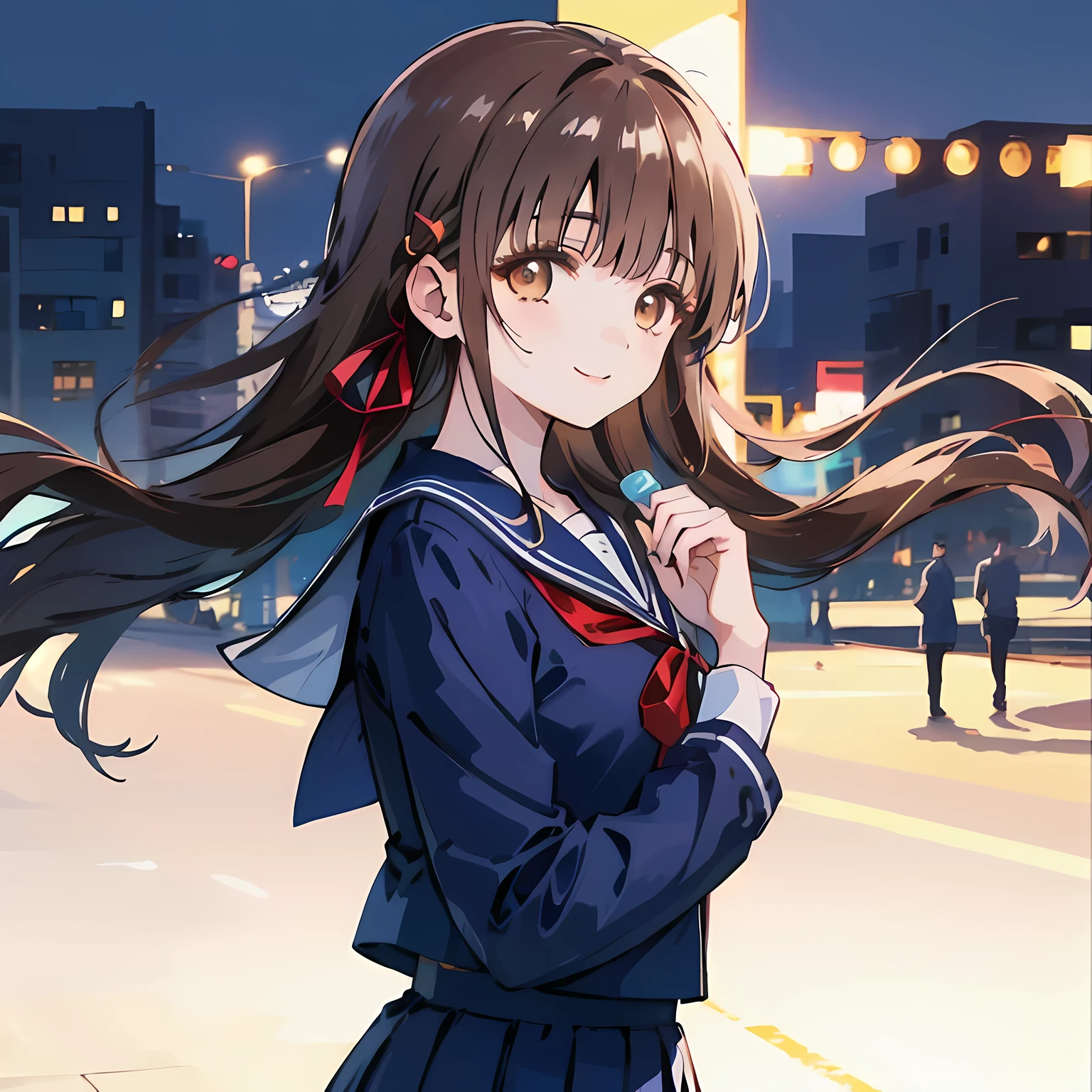 highest quality, (masterpiece:1.2), High resolution, perfect pixel, One long and so beautiful straight haired , 16 years old, (((big very detailed beautiful dark brown eyes))), ((((Navy blue winter sailor suit)))), ((very lovely & large & wide ribbon barrette)), ((((very beautiful long straight straight hair)))), ((Blue ribbon on the chest)), (((face up))), ((Smiling at the audience)), Very fun, Very happy, mouth is open, the long skirt is so cute, detailed fingers, modest chest, ((curled bangs)), ((Lip balm)), so beautiful, long eyelashes, ((セーラー服 is photo realistic)), (((Touching your hair with your hands))), ((Showing viewers the beauty of straight hair)), ((very big girly hair ribbons)), ((Impressive and very beautiful eyes)), (((shot from the side))), double eyelids
