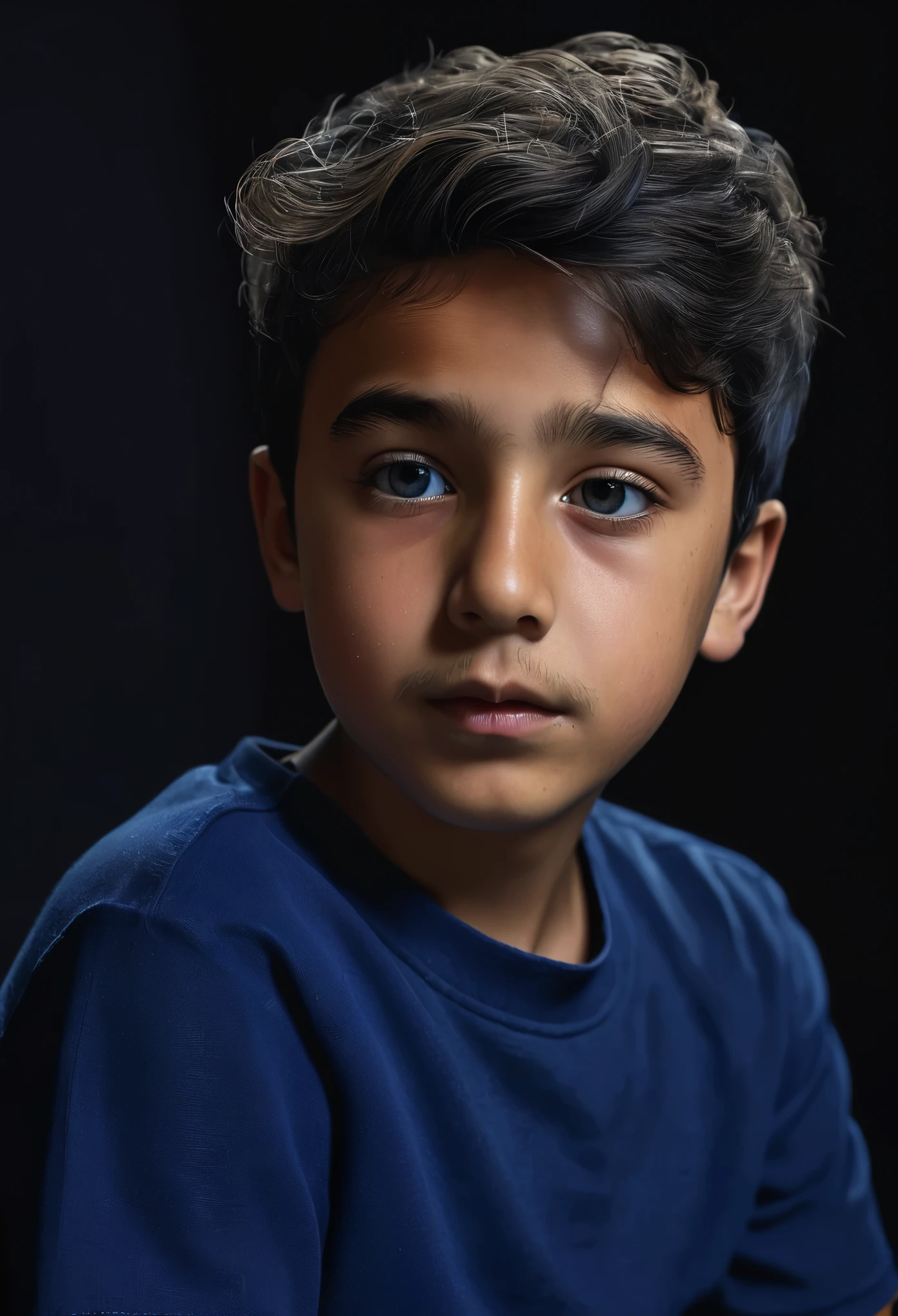 a boy with small beard hair sitting in dark realistic with dark blue shirt
