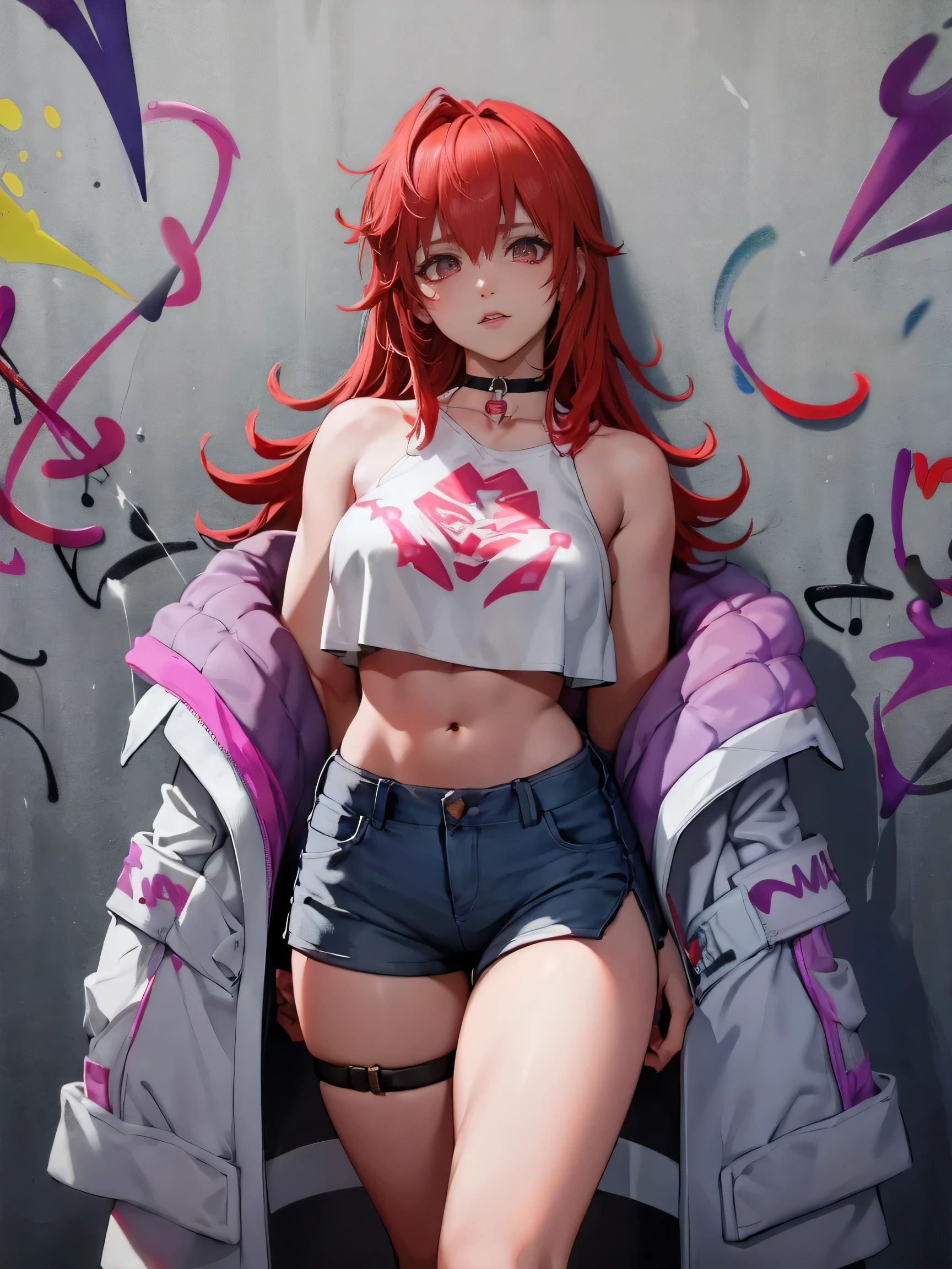turn_nurse|Arena of Valor, master-piece, bestquality, 1girls,25 years old, proportional body, elongated legs, Beautiful, proportional., crop top, Long Jeans, gigantic breasts, ,bara, crop top, choker, (Graffiti:1.5), Splash with purple lightning pattern., arm behind back, against wall, View viewers from the front., Thigh strap, Head tilt, bored,