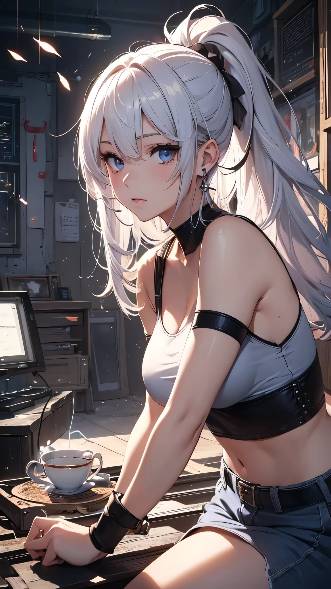 最high quality、best image quality、masterpiece、girl((18-year-old、 By becoming、vest bust、medium bust,wide open breast tea、shining eyes, silver hair、ponytail、long hair、thin,highest valley、white tank top、blue pants、Wristband、have a knife、ruby earrings、squat、Leaning forward)),high quality、beautiful art、background((Dark Research Facility、broken wall、warning mark、electricity、Light、Infrared Sensor))、Flight、debris flies、Depth of written boundary、movie、visual art、perfect art、8K,genuine、