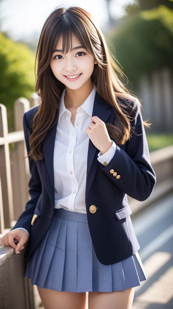 (((masterpiece))), (one beautiful japanese girl, classmate, innocence，cute) ，超A high resolution, realistic, Super detailed, 8K,highest quality, very detailed, detailed background,thin,very beautiful japanese girl, detailed face:1.3), (blonde), (medium long hair), (baby face，cute系,adorable 14 year old girl), (perfect body:1.1), (brown blazer, light brown pleated mini skirt), provocative smile,show me your beautiful teeth,超detailed face、lip details、detailed eye、small gravure idol，transparent skin、，A Japanese high school with a school emblem on its chest、sexy pose，Please pay attention to your butt，Please think back，((the skirt is rolled up))、((Low-rise high-leg panties with a blue and white striped pattern are visible.))