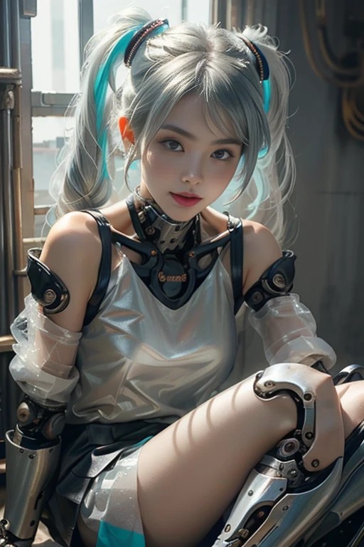 Hatsune Miku,maid (1 girl),long cyan twintails,(proportional face),((silver armor dress)),White translucent metallic leather,(Mechanical joint: 1.4),mechanical limbs,(Neat face, very shiny skin),shining body,white plastic glitter skin,only_Shoulder,Delicate metal decoration,sleeveless,mini skirt,boots,Lie down,(see through:1.5)((bright colors)),(complicated background),(Delicate images),(Photorealistic: 1.4),(Highly detailed),(high resolution),(Best quality),(masterpiece)
