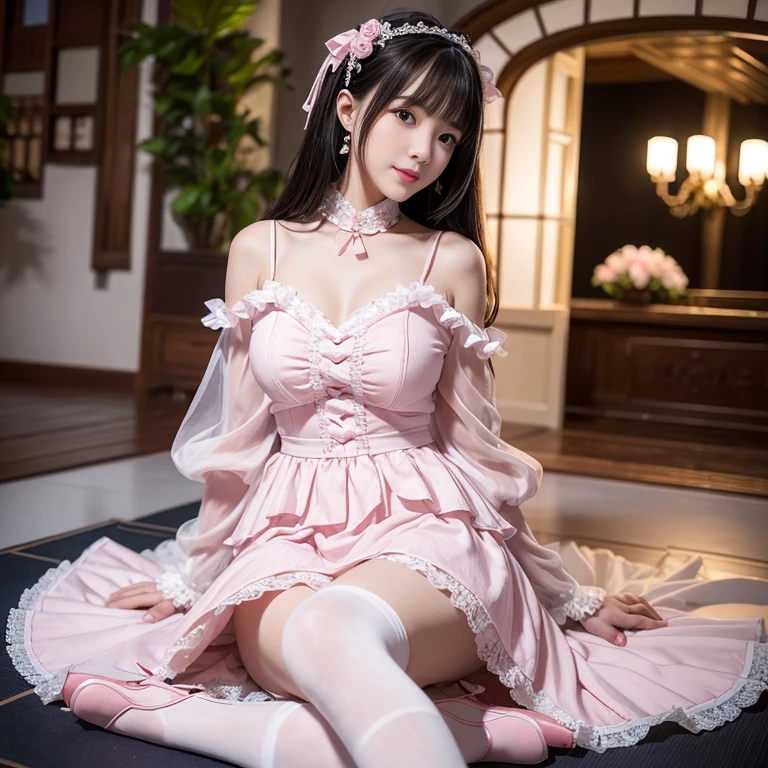 best quality, masterpiece, lifelike, 1 girl, alone, eternal, black hair, Long curly hair, blunt bangs, Smile, pink skirt, pink ta dress, layered skirt, Lolityle long skirt,分層連衣裙 lace-trimmed 裙子, decorate, lace, long sleeve, puff sleeves, wide sleeves, Transparent sleeves, hair accessories, 在flower园里, flower, Detailed background, delicate face,pink blush,White knee-length socks, Pink shoes,cold,Lots of lace,((masterpiece))、(top quality)、8K、high detail、super detailed、 21 years old female,穿着pink lolita d((dreamy atmosphere:1.1))、Seductive and whimsical style、masterpiece、born、Scenes resembling fairy tale illustrations、Intricate details showcase the ruffles and intricate designs of the Lolita dressic、capricious、 beautifully、Dream aesthetics、「𝓡𝓸𝓶𝓪𝓷𝓽𝓲𝓬、ethereal、charming、fickle、magic」、realism、Visual effect、FXAA、SSAO、shader、voiceless、ambient lighting、Tone mapping、High resolution、ultra high definition、megapixel、(8K resolution:1.10)、8K、8K resolution、high detail、intricate details、 (high quality:1.2、masterpiece:1.2、:1.21)、(21 years old female:1.21)、(興奮地Smile)、(Surrounded by the dreamy atmosphere of an amusement par色洛丽塔连衣裙、Her eyes were full of surprise and joy、I took a lot of geek photos、High heel、Model diagram,full-body shot,Knee-high 白色的 lace socks,Sweet Lolita,Normal 2 ,Pink shoes,Baotou shoes,full-body shot,Don't show your fingers,Emphasize the volume of the skirt,exposed,huge breasts,White panties,The skirt flew up,spread your legs,low cut,Expose panties,Puffy Skirt,hair accessories,big skirt dress