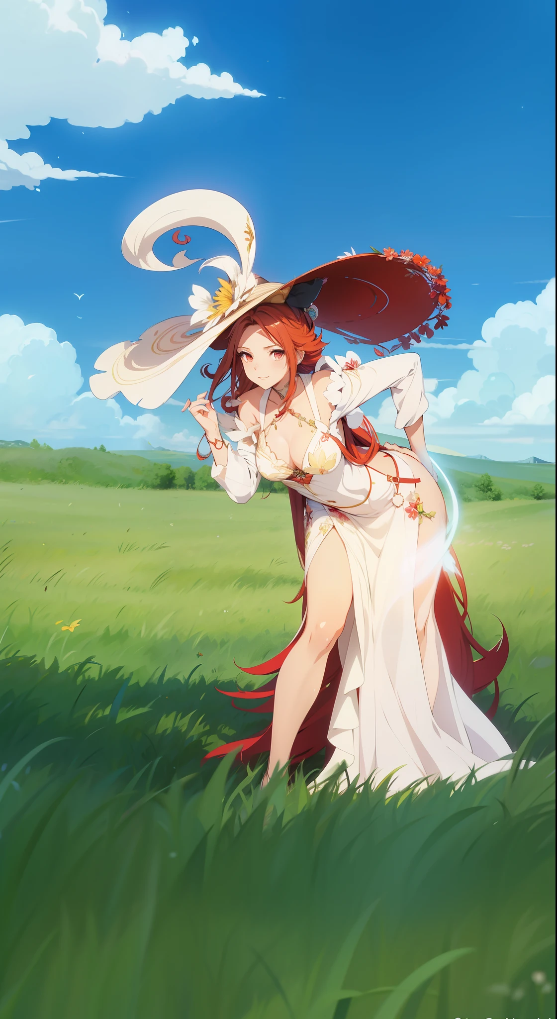 there is a woman in a dress and hat standing in a field, cushart krenz key art feminine, cyarine, goddess of summer, made with anime painter studio, red haired goddess, digital art of an elegant, painted in anime painter studio, the goddess of summer, beautiful full body concept art, the non-binary deity of spring