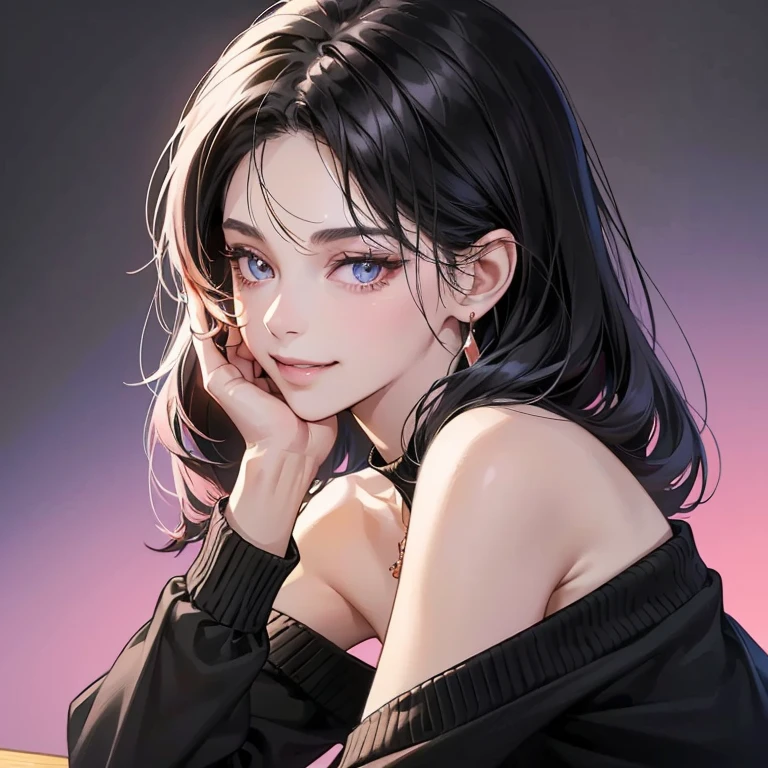 (table top, digital art, digital illustration, 4k, 8K, Super detailed, beautiful images, clear image, realistic, Raw photo, perfect face, perfect lines, Perfect pink eyes, soft lighting) ,1 female, (long black hair,bullish look,Beautiful woman,closed mouth,grin,mature,thin,23 year old female,:1.3),wearing an off-shoulder black sweater, She looks back at the viewer.、The earrings and necklace are in rose gold、black and blue gradient background