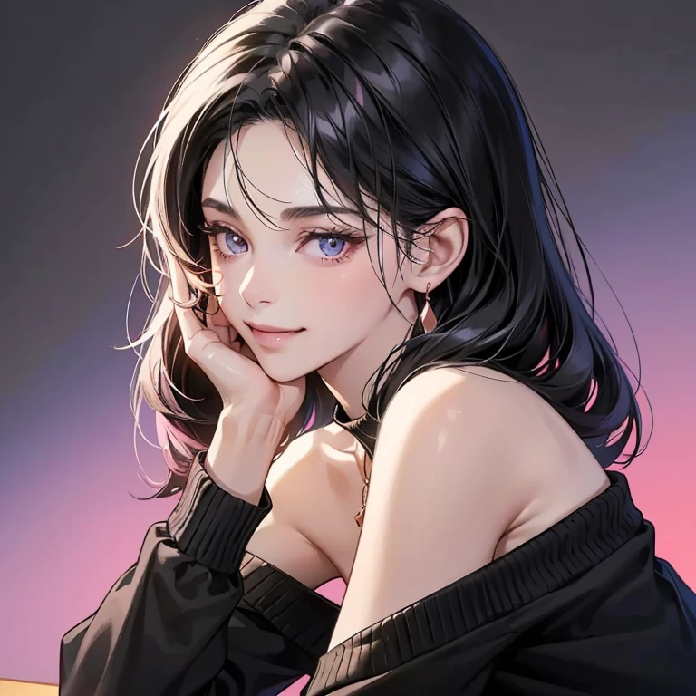 (table top, digital art, digital illustration, 4k, 8K, Super detailed, beautiful images, clear image, realistic, Raw photo, perfect face, perfect lines, Perfect pink eyes, soft lighting) ,1 female, (long black hair,bullish look,Beautiful woman,closed mouth,grin,mature,thin,23 year old female,:1.3),wearing an off-shoulder black sweater, She looks back at the viewer.、The earrings and necklace are in rose gold、black and blue gradient background