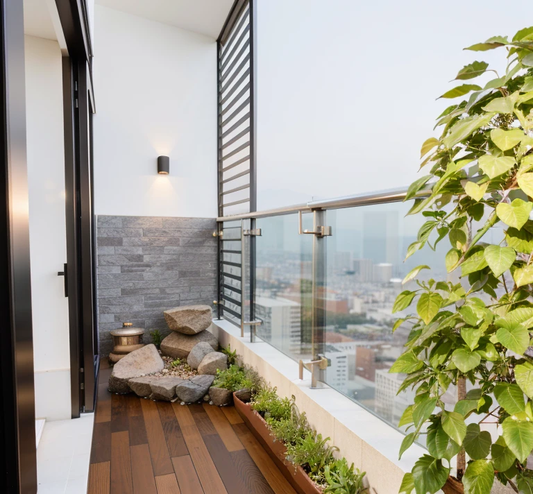 sunset ,glass railing, architecture, wall white, tone black, plant, gravel, rock wall, wood floor, RAW photo, super realistic photo, 8k, DSLR, (high detailed skin:1.3), soft lighting, ultra quality, film grain, Fujifilm XT3, sharp image, best quality, authentic, high quality, 