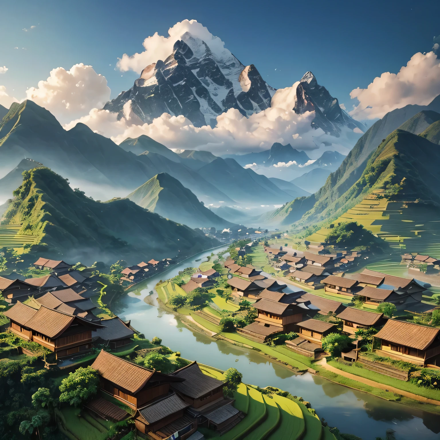 Create a hyperrealistic painting of twin mountains in Java Island, with volumetric lighting emanating from gaps between the clouds in the beautiful sky. Capture the essence of a serene village nestled among lush rice fields, showcasing a village street lined with traditional houses and vibrant paddies.