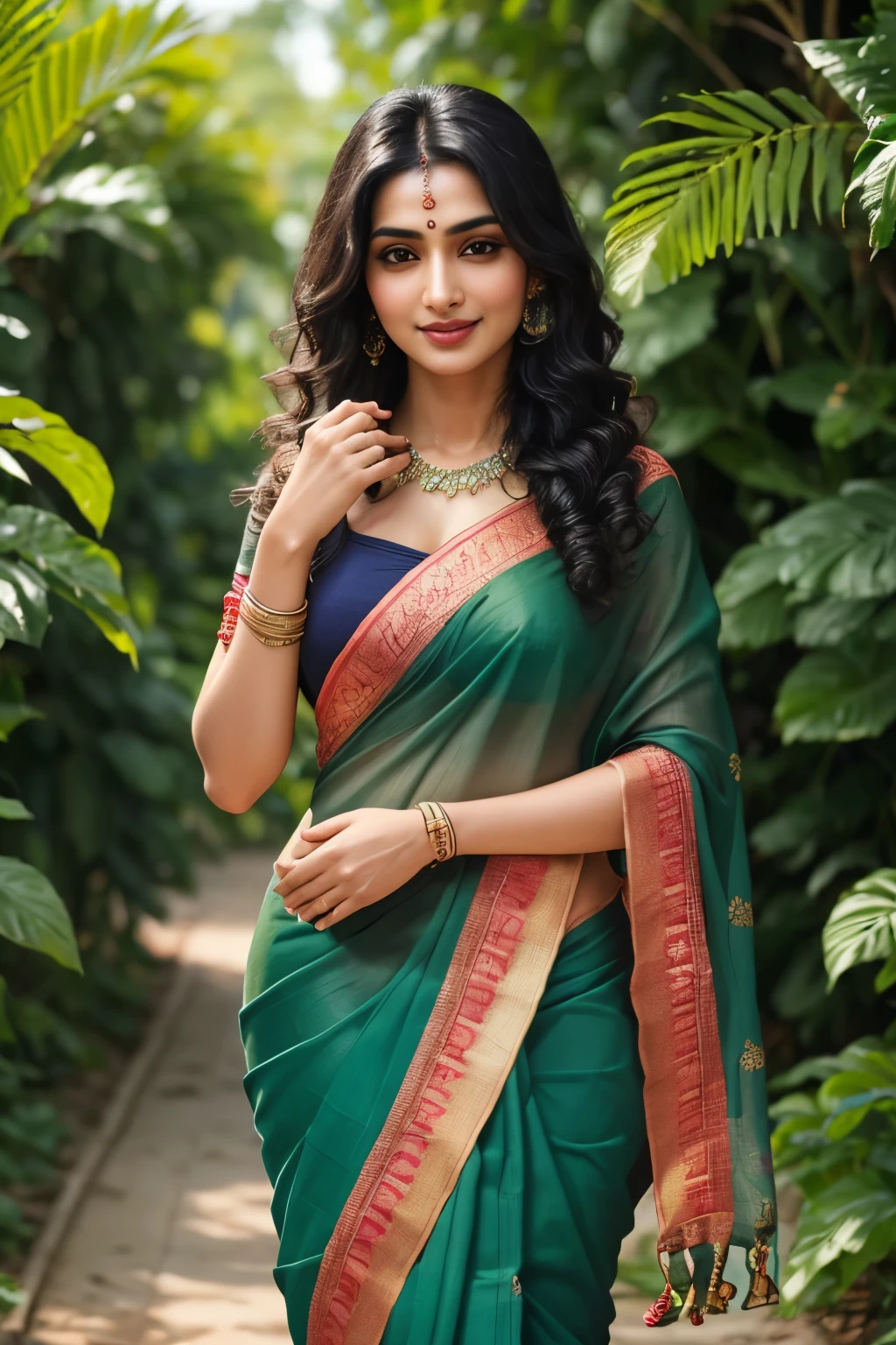 new realistic Indian woman, solo, (Long black curly hair), ((Detailed face:1.2)), ((intricately detailed facial features)), (finely textured skin), (Fair complexion), ((Wrapped in a traditional saree:1.3)), (Lush green garden environment), (Walking gracefully), ((Realistic, Super realistic, Realism, realistic detail)), ((Perfect Anatomy:1.3)), (perfectly proportions), (Bokeh), (depth of fields), (Hyper Sharp Image), (Attractive emotions, Serene smile:1.2), (Four fingers and a thumb), (Perfect human hands), (Nat
