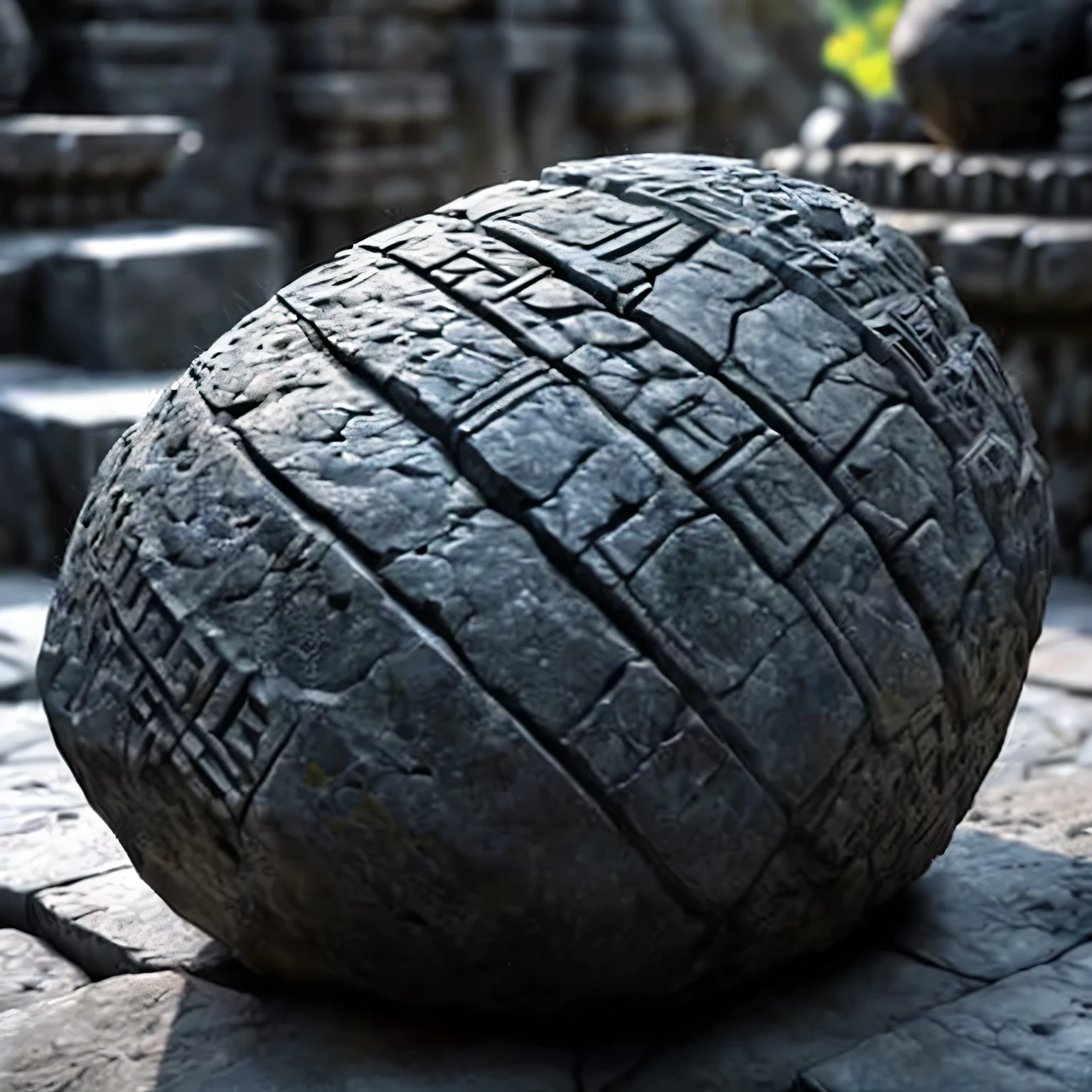 there is a stone ball sitting on a stone floor with a stone pattern, carved stone, intricate ground stone, cinematic smooth stone, made from old stone, ancient runes, stone carving, the stone is round, stone art, stone sculpture, quixel textures, worked stone, greeble texture, carved in stone, greebles, highly detailed texture render