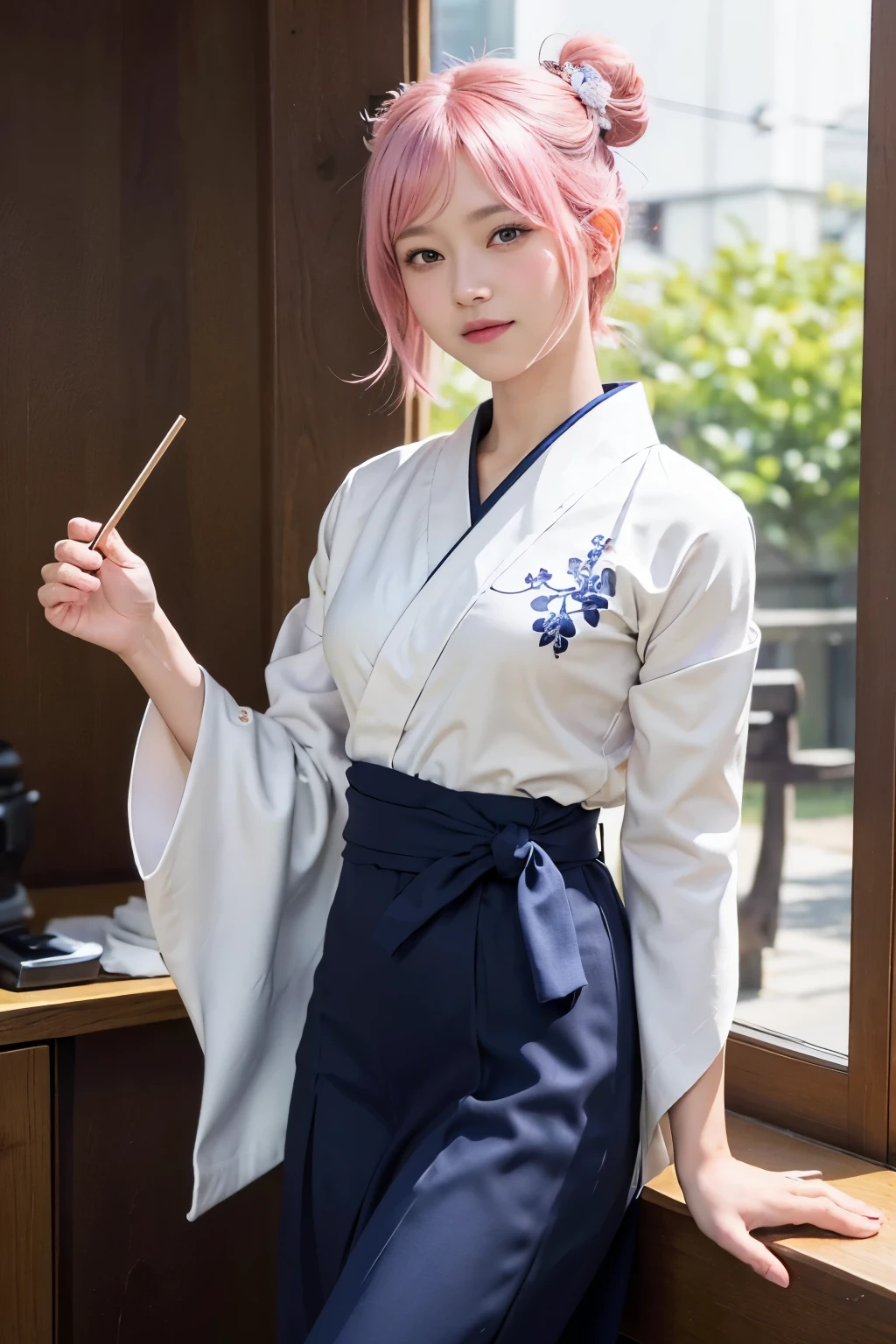 (8K, highest quality, masterpiece:1,2), (realistic, Photoreal:1.37), Super detailed, one girl,), (very detailed), (detailed and beautiful eyes), (highest qualityの), (Super detailed ), (masterpiece), (detailed face),20-year-old, ,1 girl, ((pink hair,very short hair)), medium breasts, dressed, perfect lighting, break (navy blue haori:1.3), (white collar:1.2), (three quarter sleeves:1.2), (white kimono:1.4), (nature motif pattern:1.2), (navy blue hakama:1.3), (Ankle length:1.2), (The hem is not too wide either、:1.2), (white obi:1.4), (simple knot:1.2), (white foot bag:1.2), (Black geta:1.2), (low height:1.2), (Easy to walk:1.2), (bun hair:1.2), (hair ornaments:1.2), (flowers and pieces of paper:1.2), break bun hair, flowers and pieces of paper hair ornaments, smile, friendly, looking at camera, hold soba with right hand, Holding chopsticks with left hand, Please do not put soup on the soba., In front of the soba shop counter, Wall with menu and photos, Natural light, Adding soft shadows to the face