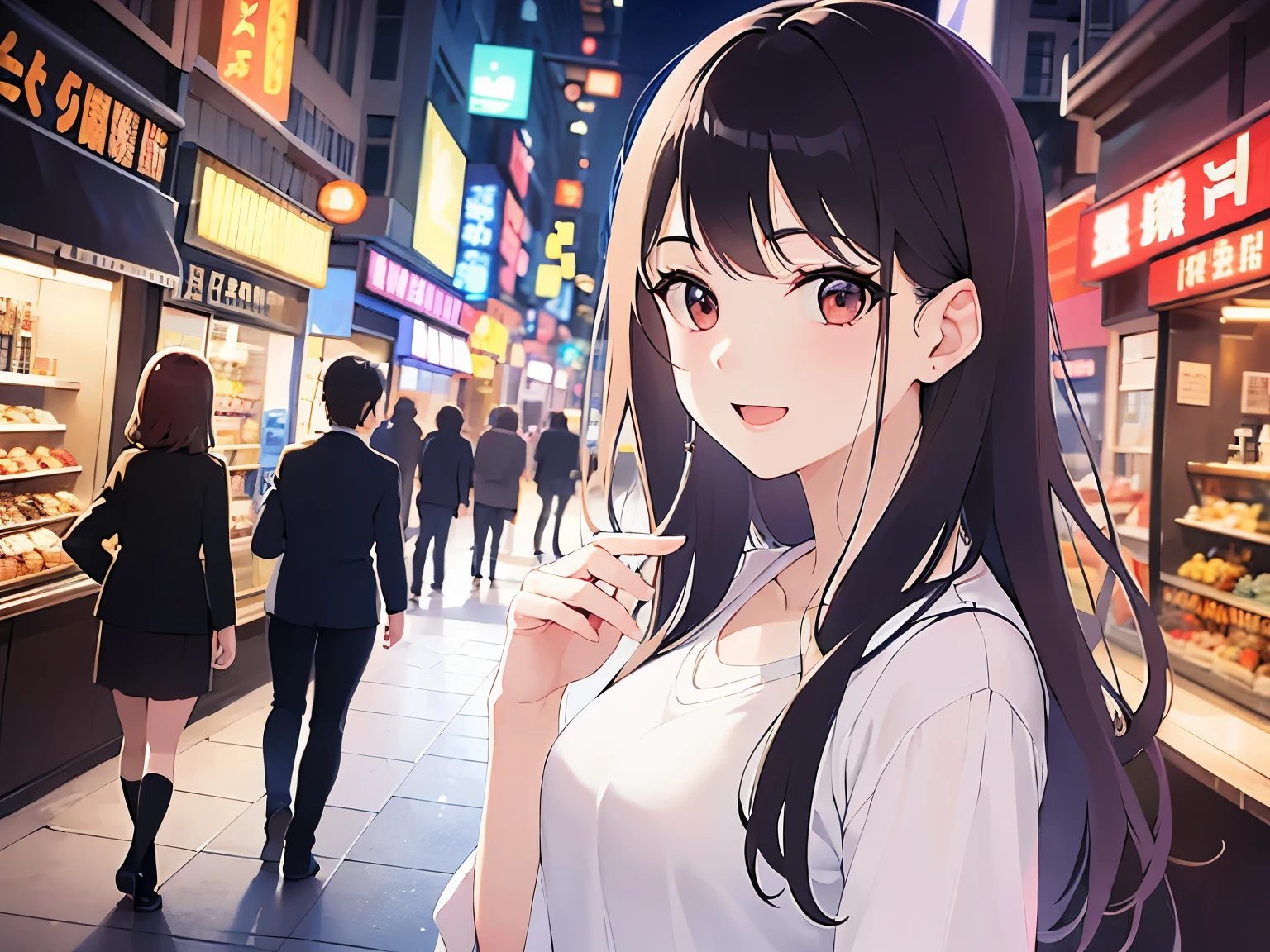 Shooting from an angle、Upper Body, Realistic, real person, (pale skin: 1.2), RAW photo, photorealistic, portrait photography, shiny skin, japanese idol、shiny hair、(25 year old woman with medium hair with bangs) and (wavy hair) and (brown hair) and (orange eyes) , plain white t-shirt 、smile, open mouth, The background is a shopping street at night、Alone、Are standing