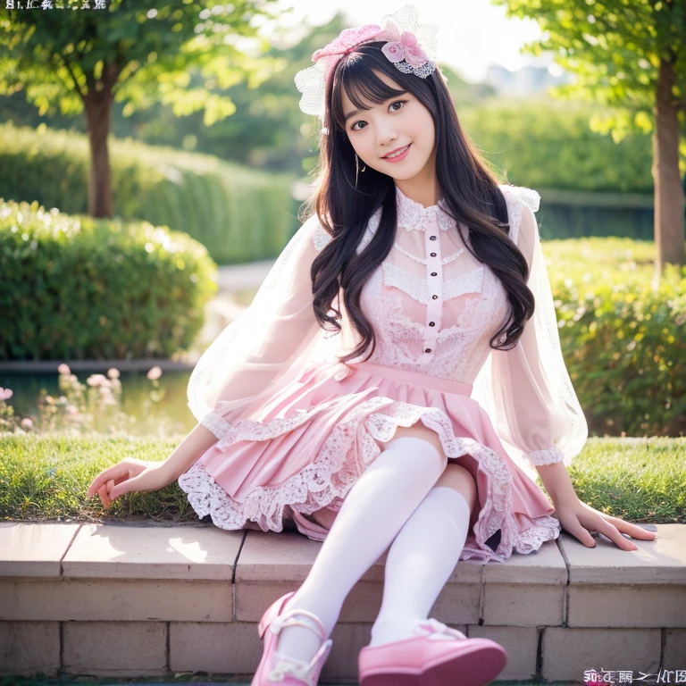 best quality, masterpiece, lifelike, 1 girl, alone, eternal, black hair, Long curly hair, blunt bangs, Smile, pink skirt, pink ta dress, layered skirt, Lolityle long skirt,分層連衣裙 lace-trimmed 裙子, decorate, lace, long sleeve, puff sleeves, wide sleeves, Transparent sleeves, hair accessories, 在flower园里, flower, Detailed background, delicate face,pink blush,White knee-length socks, Pink shoes,cold,Lots of lace,((masterpiece))、(top quality)、8K、high detail、super detailed、 21 years old female,穿着pink lolita d((dreamy atmosphere:1.1))、Seductive and whimsical style、masterpiece、born、Scenes resembling fairy tale illustrations、Intricate details showcase the ruffles and intricate designs of the Lolita dressic、capricious、 beautifully、Dream aesthetics、「𝓡𝓸𝓶𝓪𝓷𝓽𝓲𝓬、ethereal、charming、fickle、magic」、realism、Visual effect、FXAA、SSAO、shader、voiceless、ambient lighting、Tone mapping、High resolution、ultra high definition、megapixel、(8K resolution:1.10)、8K、8K resolution、high detail、intricate details、 (high quality:1.2、masterpiece:1.2、:1.21)、(21 years old female:1.21)、(興奮地Smile)、(Surrounded by the dreamy atmosphere of an amusement par色洛丽塔连衣裙、Her eyes were full of surprise and joy、I took a lot of geek photos、High heel、Model diagram,full-body shot,Knee-high 白色的 lace socks,Sweet Lolita,Normal 2 ,Pink shoes,Baotou shoes,full-body shot,Don't show your fingers,Emphasize the volume of the skirt,exposed,huge breasts,White panties,The skirt flew up,spread your legs,low cut,Expose panties,Puffy Skirt,hair accessories,big skirt dress