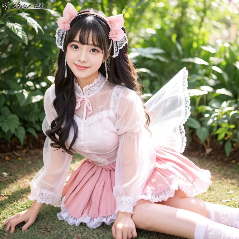 best quality, masterpiece, lifelike, 1 girl, alone, eternal, black hair, Long curly hair, blunt bangs, Smile, pink skirt, pink lolita dress, layered skirt, Lolita style long skirt,分層連衣裙 lace-trimmed 裙子, decorate, lace, long sleeve, puff sleeves, wide sleeves, Transparent sleeves, hair accessories, 在flower园里, flower, Detailed background,  delicate face，pink blush，White knee-length socks, Pink shoes，cold，Lots of lace，((​masterpiece))、(top quality)、8K、high detail、super detailed、 21 years old female，穿着pink lolita dress((dreamy atmosphere:1.1))、Seductive and whimsical style、​masterpiece、born、Scenes resembling fairy tale illustrations、Intricate details showcase the ruffles and intricate designs of the Lolita dress、magic、capricious、 beautifully、Dream aesthetics、「𝓡𝓸𝓶𝓪𝓷𝓽𝓲𝓬、ethereal、charming、fickle、magic」、realism、Visual effect、FXAA、SSAO、shader、voiceless、ambient lighting、Tone mapping、High resolution、ultra high definition、megapixel、(8K resolution:1.10)、8K、8K resolution、high detail、intricate details、 (high quality:1.2、​masterpiece:1.2、:1.21)、(21 years old female:1.21)、(興奮地Smile)、(Surrounded by the dreamy atmosphere of an amusement par色洛丽塔连衣裙、Her eyes were full of surprise and joy、I took a lot of geek photos、High heel、Model diagram，full-body shot，Knee-high 白色的 lace socks,Sweet Lolita，Normal 2 feet，Pink shoes，Baotou shoes，full-body shot，Don't show your fingers，Emphasize the volume of the skirt，exposed，huge breasts，White panties,The skirt flew up，spread your legs，low cut，Expose panties，Puffy Skirt，hair accessories，big skirt dress