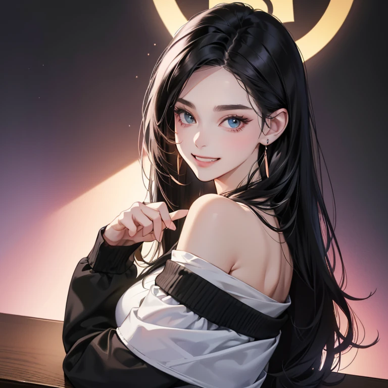 (table top, digital art, digital illustration, 4k, 8K, Super detailed, beautiful images, clear image, realistic, Raw photo, perfect face, perfect lines, perfect eyes, soft lighting) ,1 female, (long black hair,bullish look,Beautiful woman,closed mouth,grin,mature,thin,23 year old female,:1.3),wearing an off-shoulder black sweater, She looks back at the viewer.、The earrings and necklace are in rose gold、black and blue gradient background