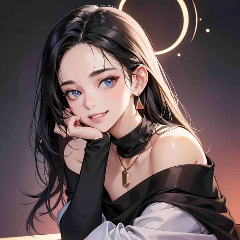 (table top, digital art, digital illustration, 4k, 8K, Super detailed, beautiful images, clear image, realistic, Raw photo, perfect face, perfect lines, perfect eyes, soft lighting) ,1 female, (long black hair,bullish look,Beautiful woman,closed mouth,grin,mature,thin,23 year old female,:1.3),wearing an off-shoulder black sweater, She looks back at the viewer.、The earrings and necklace are in rose gold、black and blue gradient background