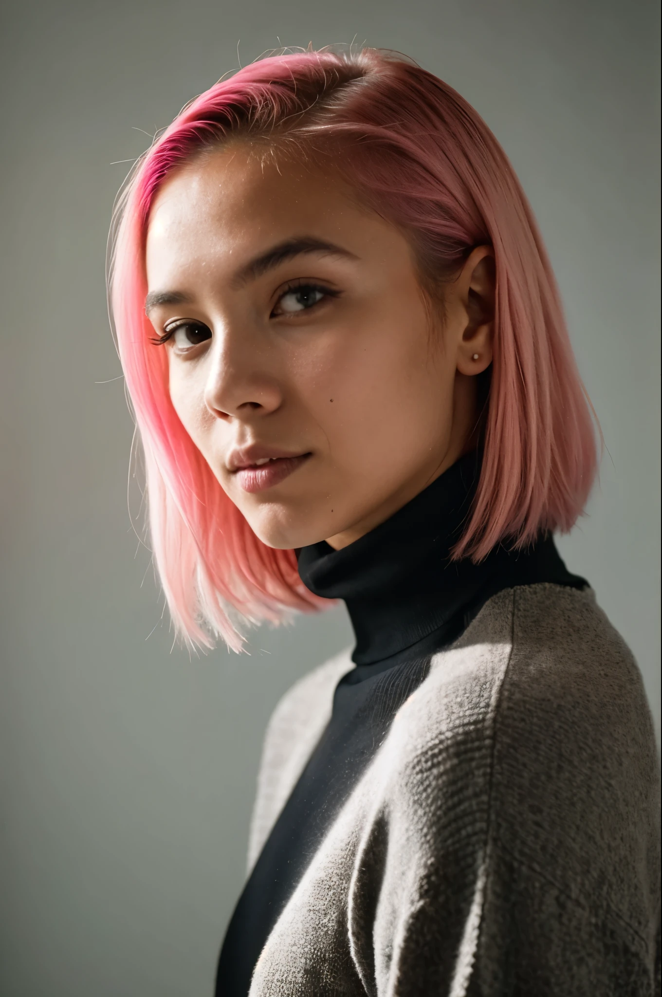 A young pinoy girl with pink hair, 1girl, wearing a turtleneck sweater, professional, photography, excellent lighting, impeccable, precision, rich colors, deep shadows, clarity, high-resolution, razor-sharp, composition, light and shadow, timeless beauty, captivated, artistry, craftsmanship, elegance, sophistication, exquisite, details, atmosphere, balance, masterful, technique, expertly captured, stunning, visual impact, top-quality, compelling, professional-grade, aesthetics, flawless, remarkable, perfection, attention, dynamic, evocative, nuanced, depth, vibrancy, masterclass, breathtaking, awe-inspiring, high-definition, alluring, enchanting, texture, storytelling, mesmerizing, cinematic, elite, artistry. Different versions different places different