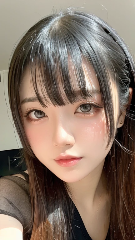 POV, photorealistic, realistic light and shadow, high quality, high quality, 1 girl, Sexy body, Black hair, straight hair, medium length hair, brown gradient eyes, Black eyeliner, thin lips, cute face, beautiful limbs, 