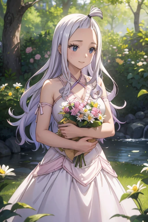 (best quality,4k,8k,highres,masterpiece:1.2),ultra-detailed,realistic,photorealistic:1.37,Mirajane Strauss with a beautiful smile,sparkling eyes and lush eyelashes, wearing a flowing simple white dress that accentuates her elegance and purity. The dress is made of smooth silk fabric with delicate folds, catching the light and reflecting a soft glow. Mirajane is holding a precious girl in her arms, cradling her gently and radiating a warm maternal love.
The scene takes place in a lush garden bathed in golden sunlight, with vibrant flowers blooming all around. The garden is filled with a variety of colorful flowers, such as roses, lilies, and daisies, creating a mesmerizing tapestry of hues. The air is filled with the delicate scent of blossoms, adding to the serene atmosphere.
Mirajane's long, silver hair cascades down her back, shimmering in the sunlight. Her flawless fair skin glows with a natural radiance, accentuated by the gentle touch of sunlight. The sunlight creates a captivating interplay of light and shadow on her face, highlighting her graceful features.
The babyl in Mirajane's arms is wearing a cute little dress adorned with delicate embroidery. Her bright eyes are filled with innocence and curiosity, complementing Mirajane's tender smile. Mirajane's expression exudes warmth and joy, as she gazes lovingly at the baby girThe overall image quality is of the highest standard, with every intricate detail meticulously rendered. The artistic style leans towards a blend of magical realism and contemporary portraiture, capturing both the ethereal beauty of Mirajane and the intimacy of the mother-daughter bond.
The color palette is soft and dreamlike, with a harmonious combination of pastel shades. The garden is awash with hues of pink, lavender, and soft green, creating a tranquil and enchanting backdrop for the scene.
The lighting in the garden is soft and gentle, with the sunlight filtering through the foliage, casting dappled patterns on the