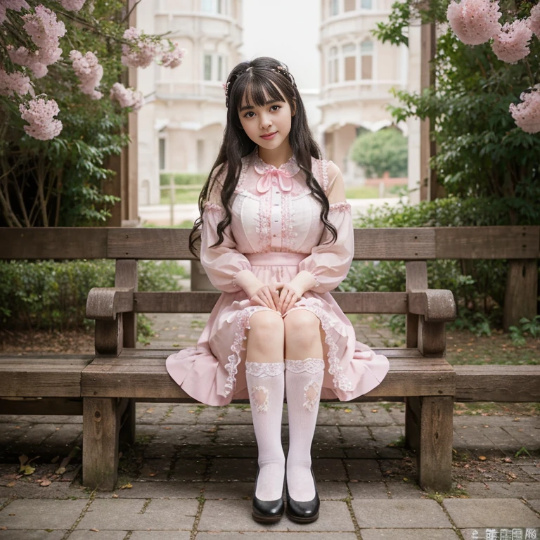 best quality, masterpiece, lifelike, 1 girl, alone, eternal, black hair, Long curly hair, blunt bangs, Smile, pink skirt, pink lolita dress, layered skirt, Lolita style long skirt,分層連衣裙 lace-trimmed 裙子, decorate, lace, long sleeve, puff sleeves, wide sleeves, Transparent sleeves, hair accessories, 在flower园里, flower, Detailed background,  delicate face，pink blush，White knee-length socks, Pink shoes，cold，Lots of lace，((​masterpiece))、(top quality)、8K、high detail、super detailed、 21 years old female，穿着pink lolita dress((dreamy atmosphere:1.1))、Seductive and whimsical style、​masterpiece、born、Scenes resembling fairy tale illustrations、Intricate details showcase the ruffles and intricate designs of the Lolita dress、magic、capricious、 beautifully、Dream aesthetics、「𝓡𝓸𝓶𝓪𝓷𝓽𝓲𝓬、ethereal、charming、fickle、magic」、realism、Visual effect、FXAA、SSAO、shader、voiceless、ambient lighting、Tone mapping、High resolution、ultra high definition、megapixel、(8K resolution:1.10)、8K、8K resolution、high detail、intricate details、 (high quality:1.2、​masterpiece:1.2、:1.21)、(21 years old female:1.21)、(興奮地Smile)、(Surrounded by the dreamy atmosphere of an amusement par色洛丽塔连衣裙、Her eyes were full of surprise and joy、I took a lot of geek photos、High heel、Model diagram，full-body shot，Knee-high 白色的 lace socks,Sweet Lolita，Normal 2 feet，Pink shoes，Baotou shoes，full-body shot，Don't show your fingers，Emphasize the volume of the skirt，exposed，huge breasts，White panties,The skirt flew up，spread your legs，low cut，Expose panties，Puffy Skirt，hair accessories，big skirt dress