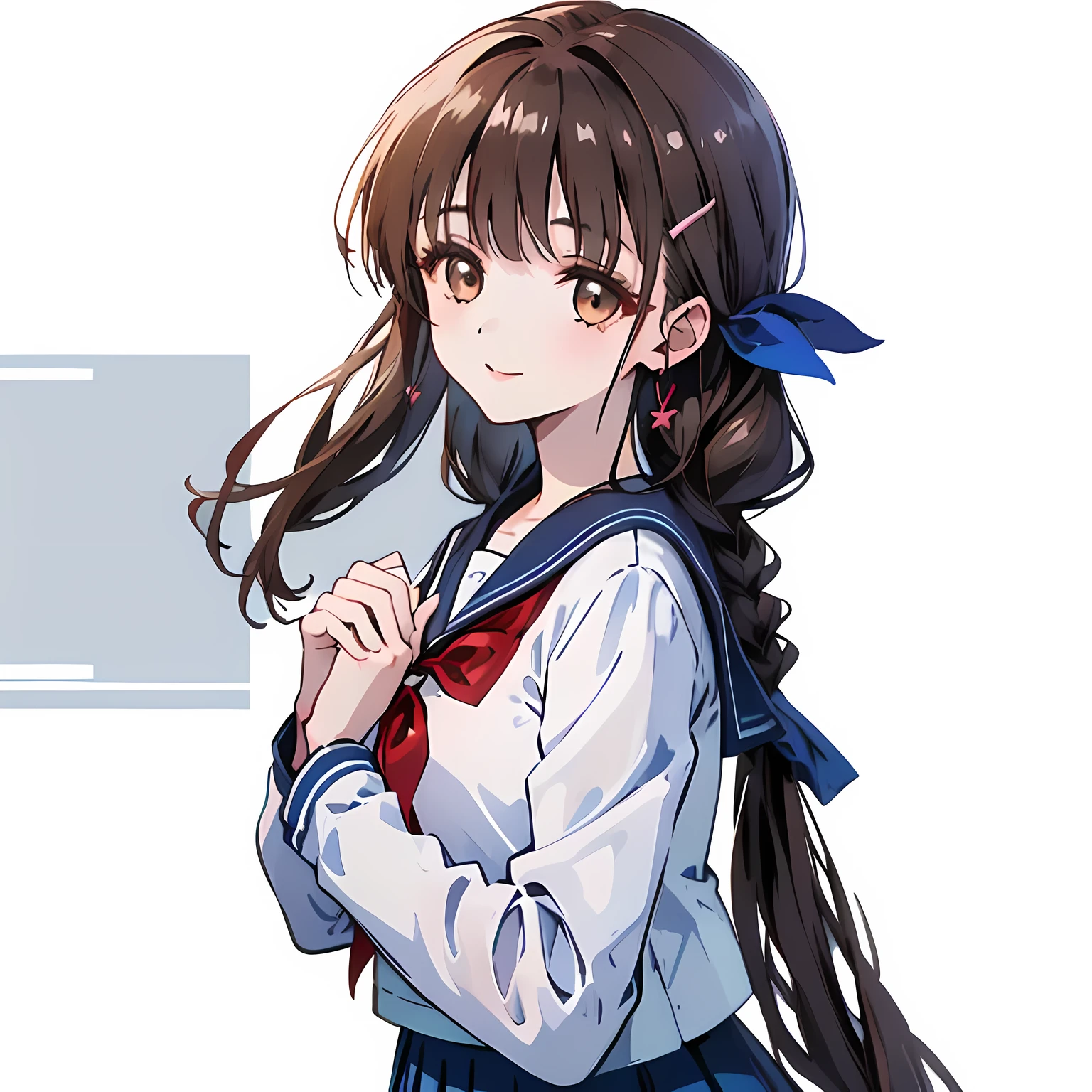 highest quality, (masterpiece:1.2), High resolution, perfect pixel, One long and so beautiful straight haired , 16 years old, (((big very detailed beautiful dark brown eyes))), ((((Navy blue winter sailor suit)))), ((very lovely & large & wide ribbon barrette)), ((((very beautiful long straight straight hair)))), ((Blue ribbon on the chest)), (((face up))), ((Smiling at the audience)), Very fun, Very happy, mouth is open, the long skirt is so cute, detailed fingers, modest chest, ((curled bangs)), ((Lip balm)), so beautiful, long eyelashes, ((セーラー服 is photo realistic)), (((Touching your hair with your hands))), ((Showing viewers the beauty of straight hair)), ((very big girly hair ribbons)), ((Impressive and very beautiful eyes)), (((shot from the side))), double eyelids