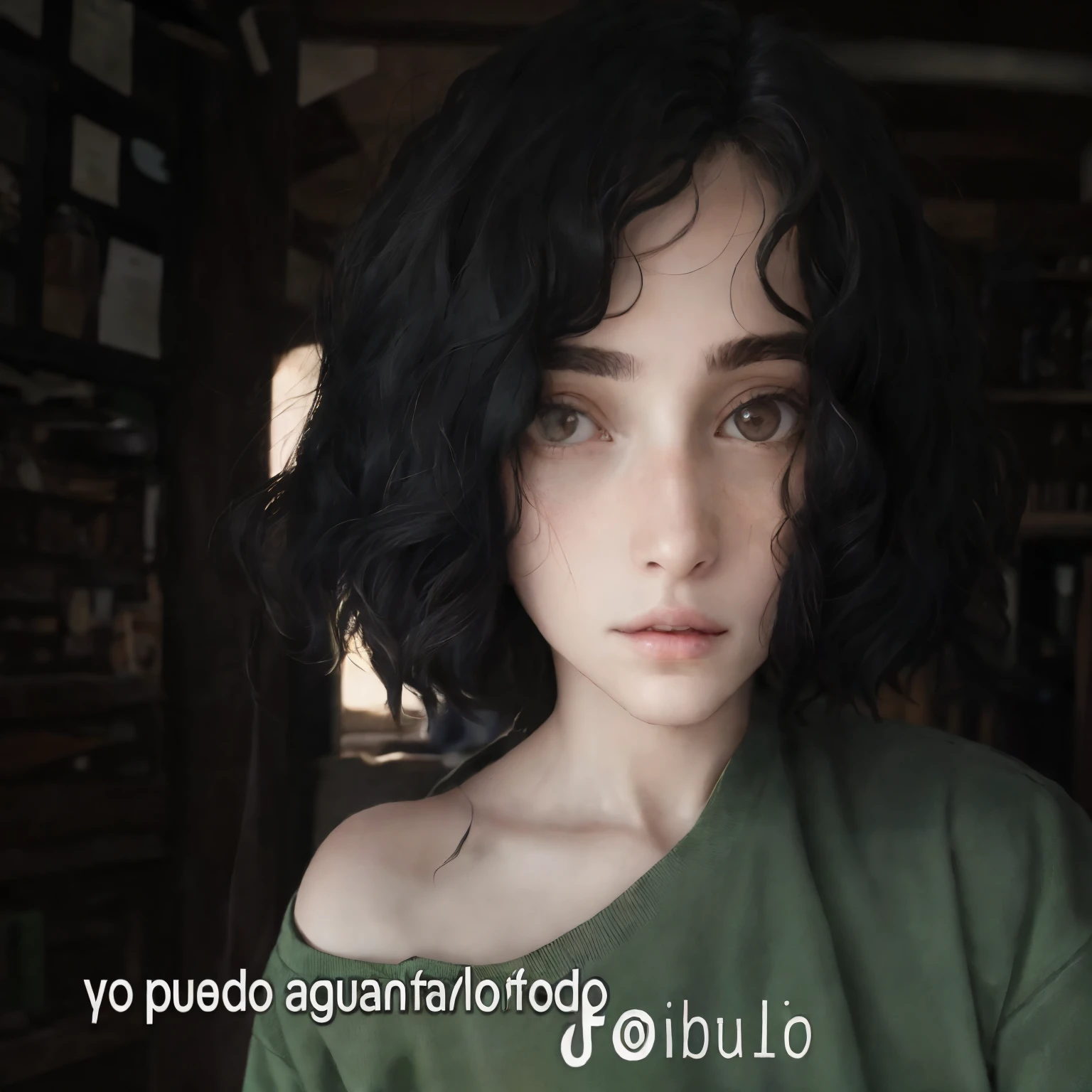 Hay una mujer con una camisa verde y un cabello negro, (dark shorter ondulado hair), FotograFia, acceso, 🤤 girl portrait, Finn wolFhard, tumblr, , F / 1. 9 6. 8 1 mmISO 4 0, she is approximately 1 6 , pelo negro y ojos grandes, the Face oF absurdly beautiFul, ondulado