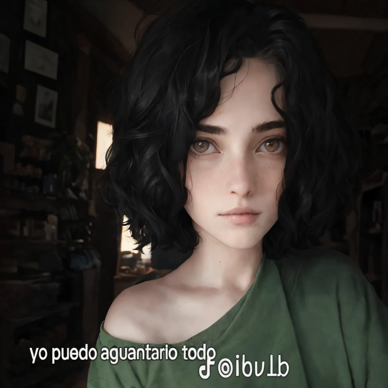 Hay una mujer con una camisa verde y un cabello ?????, (dark shorter ondulado hair), FotograFia, acceso, 🤤 girl portrait, Finn wolFhard, tumblr, , F / 1. 9 6. 8 1 mmISO 4 0, she is approximately 1 6 years old, pelo negro y ojos grandes, the Face oF absurdly beautiFul, ondulado