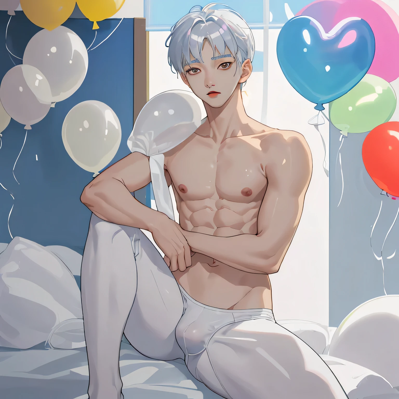  Asian boy, sitting on big white balloons, big white balloons between legs, hugging big white balloons, popping big white balloons, wearing white speedos, silver hair, shirtless, abs, thin body, slim body, skinny body, handsome, teenager, y boy, youthful, boyish, cute, photography, realistic, indoor soft lighting, bright background Nct Dream Jisung 