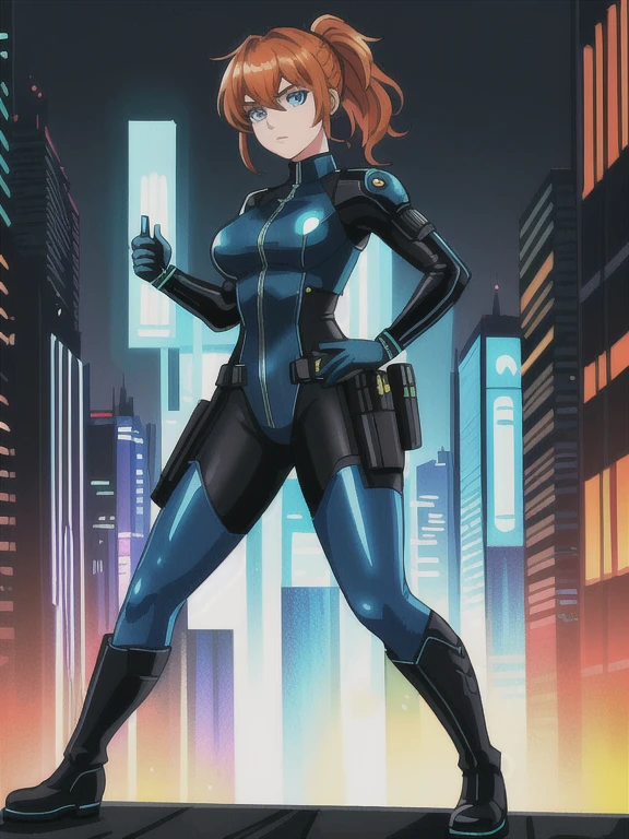 1girl, Sexy Experienced Cyberpunk Agent, ((32year old, dressed in a tight blue futuristic bodysuit, utility belt, boots, medium breasts, short orange hair, pony tail styled hair, light skin, natural makeup, athletic body:1.3, detailed blue eyes:1.5, looking fiercely at the viewer:1.3, holding two pistols with both hands:1.2)) heroic pose, full-length, full body, fight scene, full-length, super face detail, (Background: Cyberpunk world,Cyberpunk city in the background, neon lights, and futuristic technology in the background, harsh high-tech atmosphere), Very detailed, 8k, dark tone, dark shadow, glow in the dark, game color correction, (HDR, UHD, best quality, masterpiece: 1.5), high detailed, digital painting, trending on artstation, HD quality