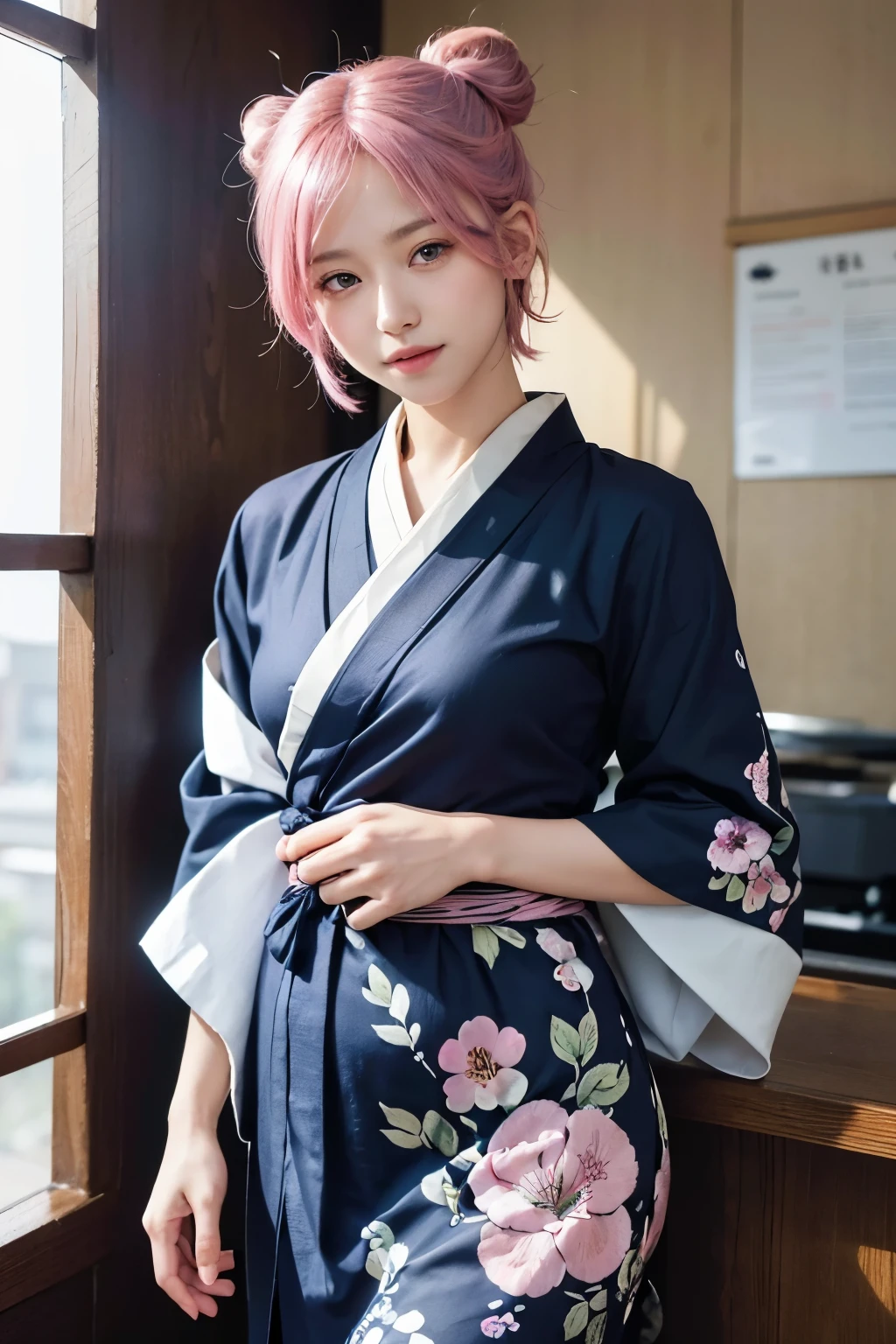 (8K, highest quality, masterpiece:1,2), (realistic, Photoreal:1.37), Super detailed, one girl,), (very detailed), (detailed and beautiful eyes), (highest qualityの), (Super detailed ), (masterpiece), (detailed face),20-year-old, ,1 girl, ((pink hair,very short hair)), medium breasts, dressed, perfect lighting, break (navy blue haori:1.3), (white collar:1.2), (three quarter sleeves:1.2), (white kimono:1.4), (nature motif pattern:1.2), (navy blue hakama:1.3), (Ankle length:1.2), (The hem is not too wide either、:1.2), (white obi:1.4), (simple knot:1.2), (white foot bag:1.2), (Black geta:1.2), (low height:1.2), (Easy to walk:1.2), (bun hair:1.2), (hair ornaments:1.2), (flowers and pieces of paper:1.2), break bun hair, flowers and pieces of paper hair ornaments, smile, friendly, looking at camera, hold soba with right hand, Holding chopsticks with left hand, Please do not put soup on the soba., In front of the soba shop counter, Wall with menu and photos, Natural light, Adding soft shadows to the face