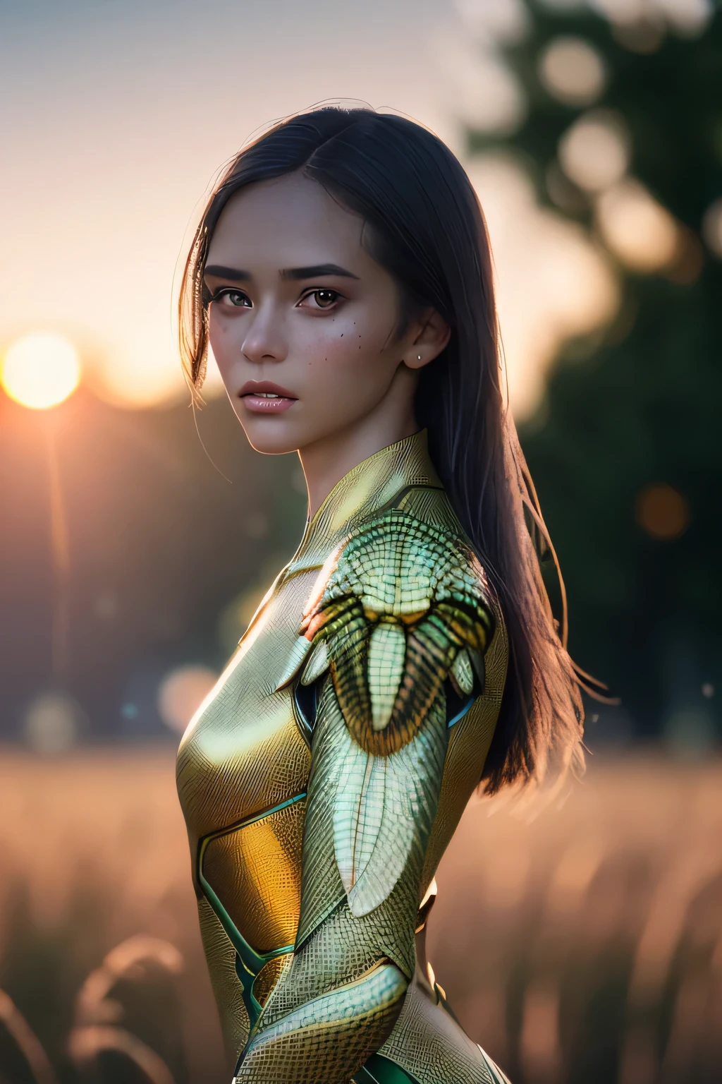 (masterpiece), (very complicated:1.3), (realistic), girl portrait, the most beautiful in the world, (insect-like wings), scale powder reflection, fashion model posing, outdoor, intense sunlight, distant rye field, Stunning female professional photo details, sharp focus, dramatic, Award history, cinematic lighting, Octane Rendering Unreal Engine, volumetrics dtx, (film grain, blurred background, blurred foreground, Bokeh, Depth of the bounds written, sunset, motion blur:1.3), thin clothing