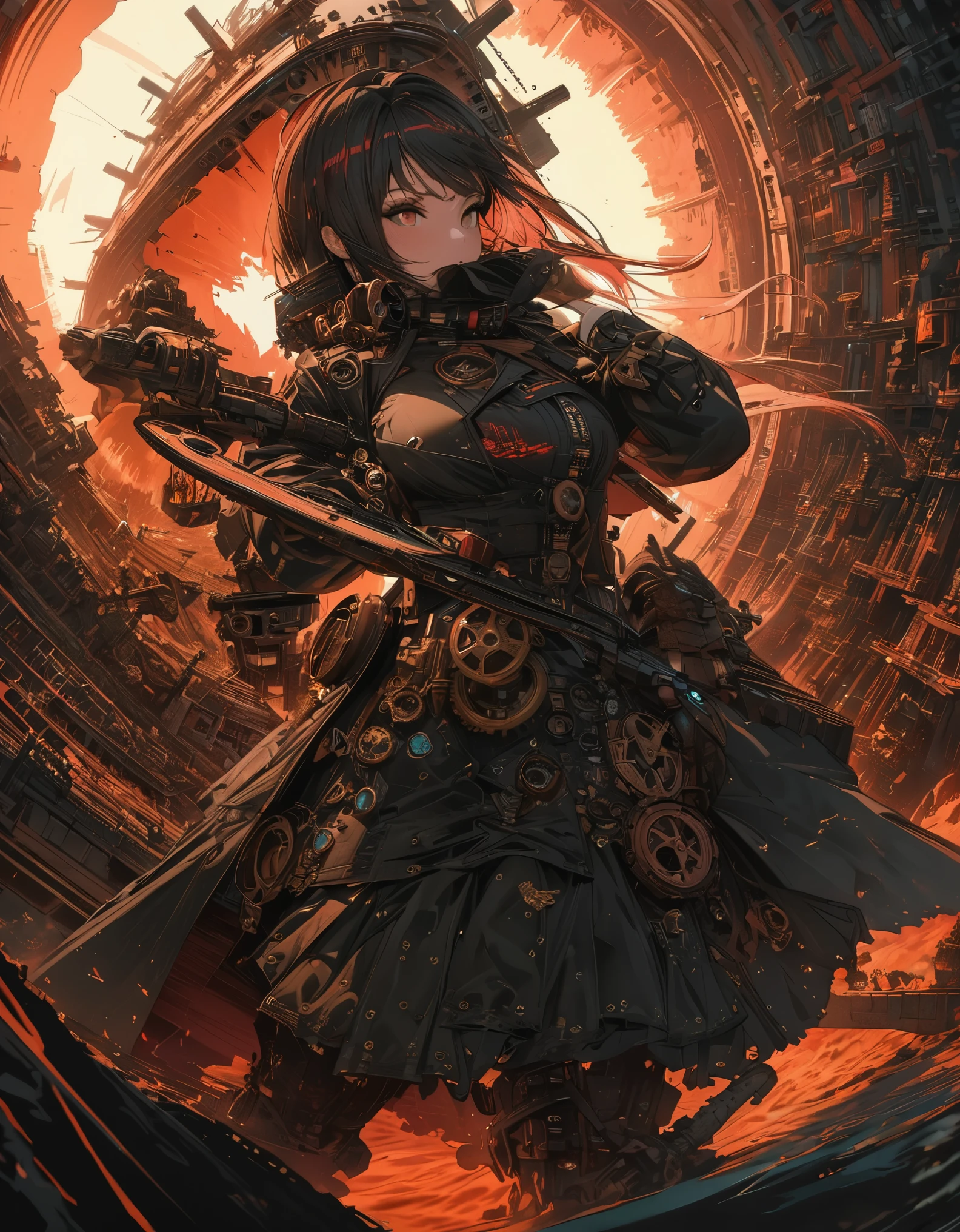best quality, super fine, 16k, incredibly absurdres, extremely detailed, beautiful girl warrior fighting, red short hair, background cross section of the Mariana Trench, atlantis, huge amount of gear, sunlight shining through the deep, pitch black ocean, fantastic and mysterious, steampunk, dieselpunk, clockpunk, cyberpunk, blend art, mixture art, fractal art, design art
