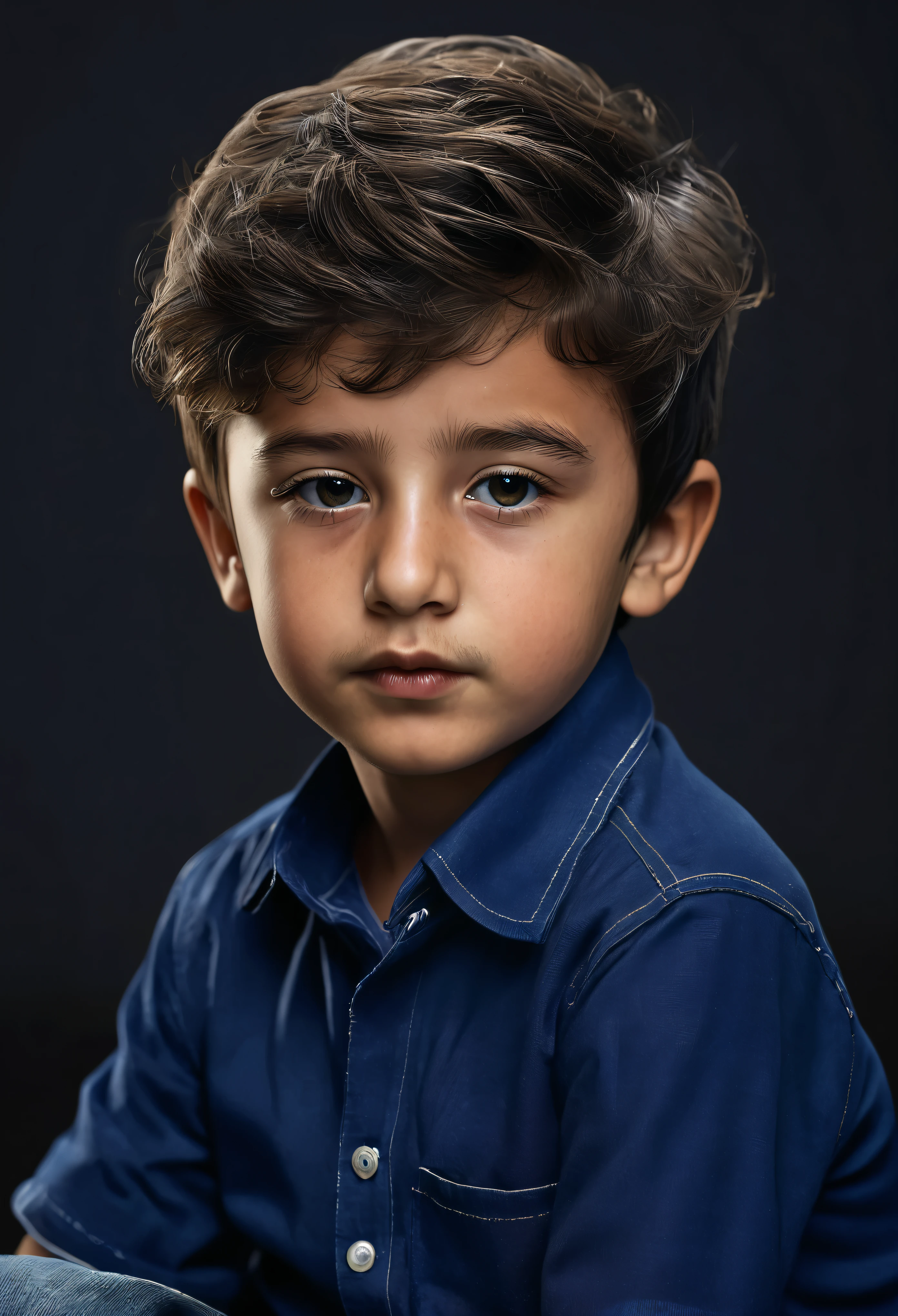 a boy with small beard hair sitting in dark realistic with dark blue shirt