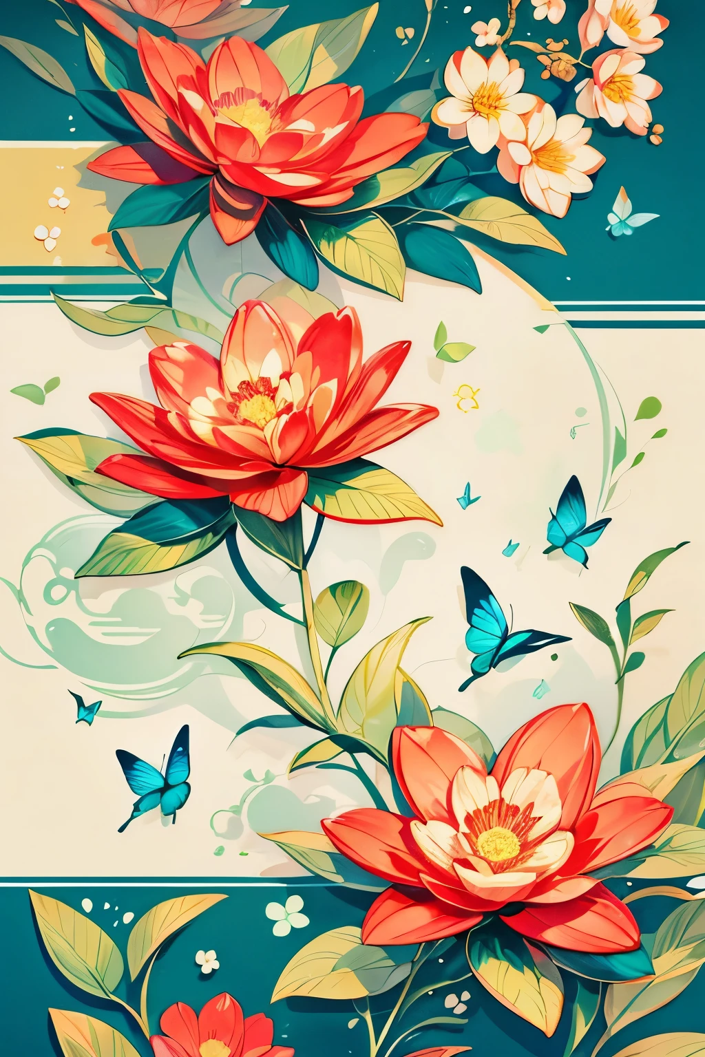 Slightly retro color,flat,,rice print style,illustration,Lovely,leave blank,low saturation,many flowers,Arrange individually,leaf,branch,printing, a sticker,random distribution,Lovely风格, color guide,graphic design,carpet pattern,(solid color background)