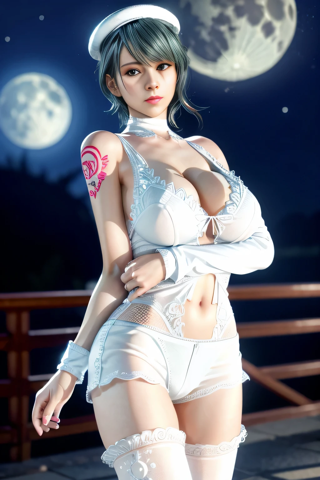 1 girl,standing posture,bare shoulders, pantyhose, bodysuit,( see-through:1.2),(((white bodystocking))), nighttime,moon,( huge breasts:1.1),cleavage,shiny skin,lip gloss,( tattoos:1.2), masterpiece, best quality, realistic ,Rich artistic colors, 8K,Portrait art,solo, tamaki