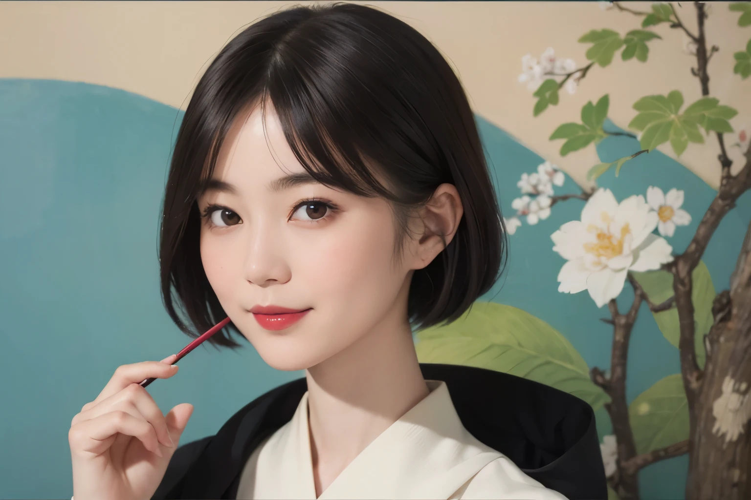 197 (snapdd00-Fp16), Japanese painting, woman, gentle smile, lipstick, short hair, Paintings by Shoen Uemura